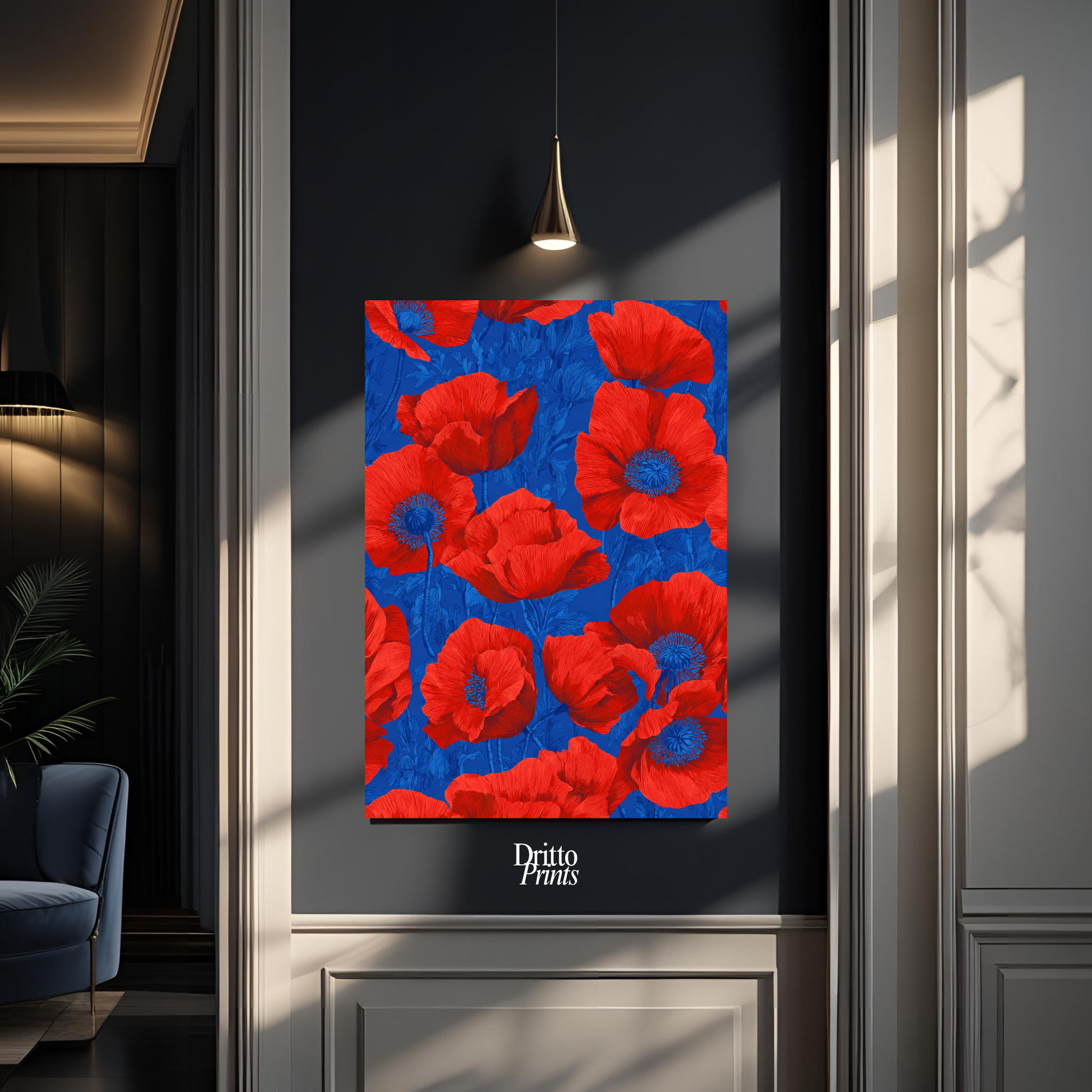 (CD9) Deco Bloom – Red Poppies on Blue Canvas
