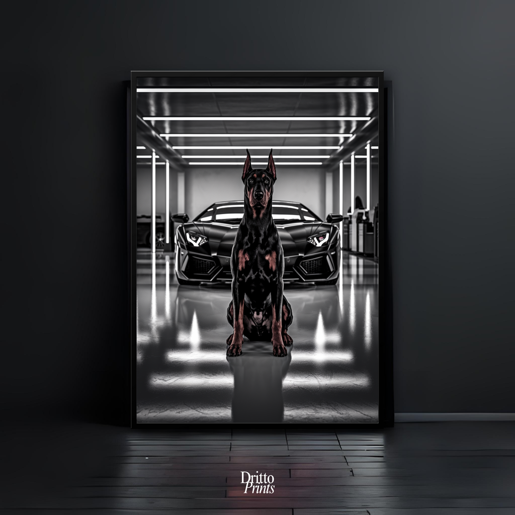(FD6) The Garage King – Doberman and Aventador - Framed matte paper poster