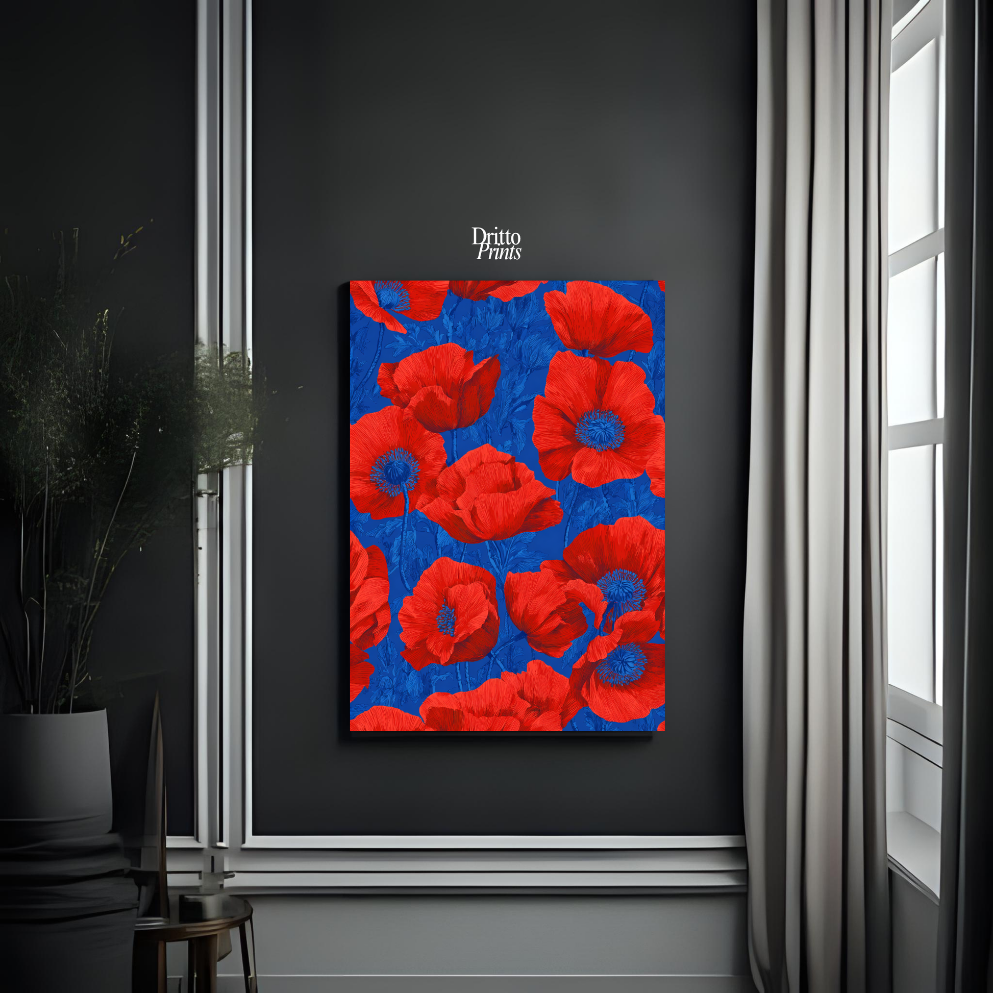 (CD9) Deco Bloom – Red Poppies on Blue Canvas
