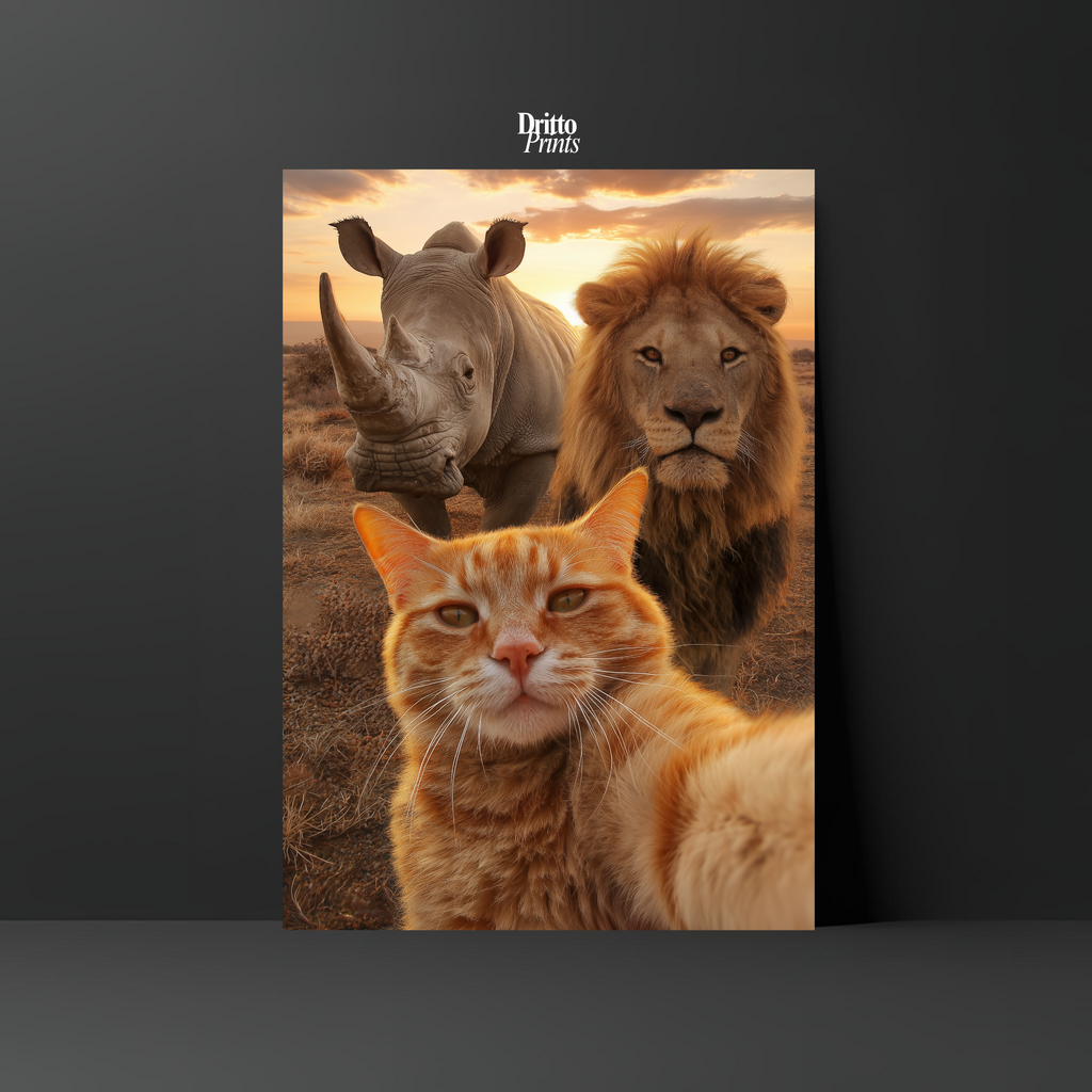 (PD26) Savannah Selfie: Tabby Cat, Lion & Rhino at Sunset Poster
