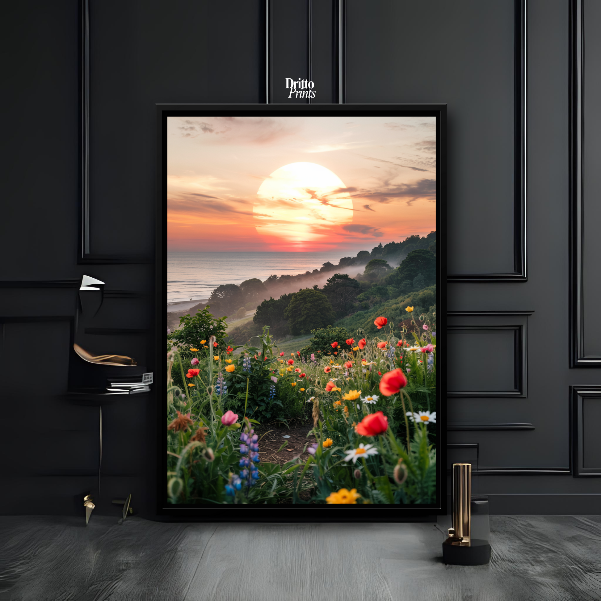 (CF5) Mystical Sunrise Over Hillside - Framed canvas
