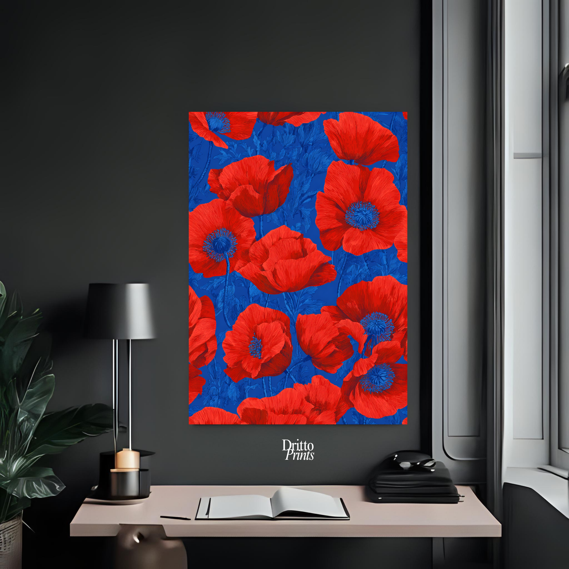 (CD9) Deco Bloom – Red Poppies on Blue Canvas
