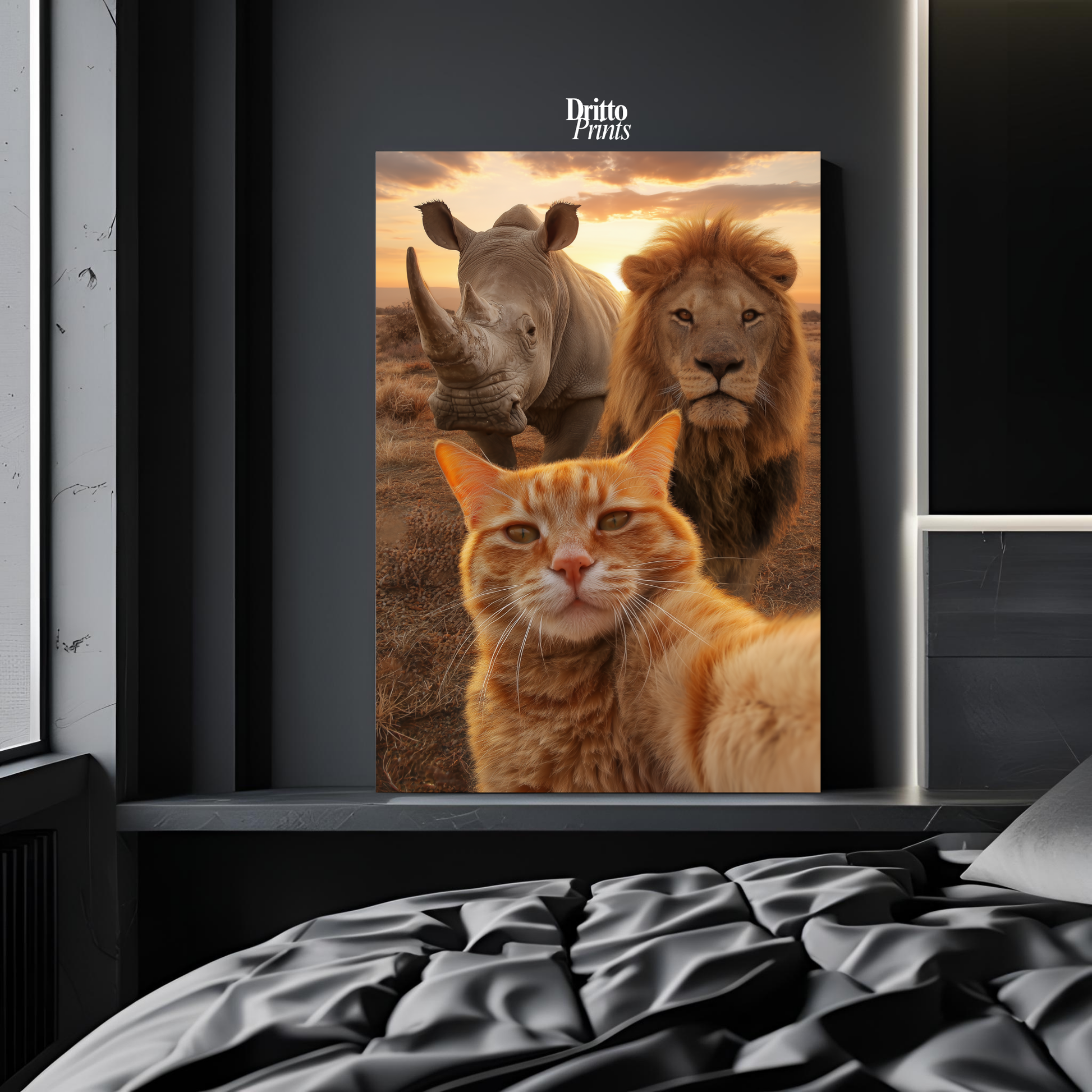 (PD26) Savannah Selfie: Tabby Cat, Lion & Rhino at Sunset Poster