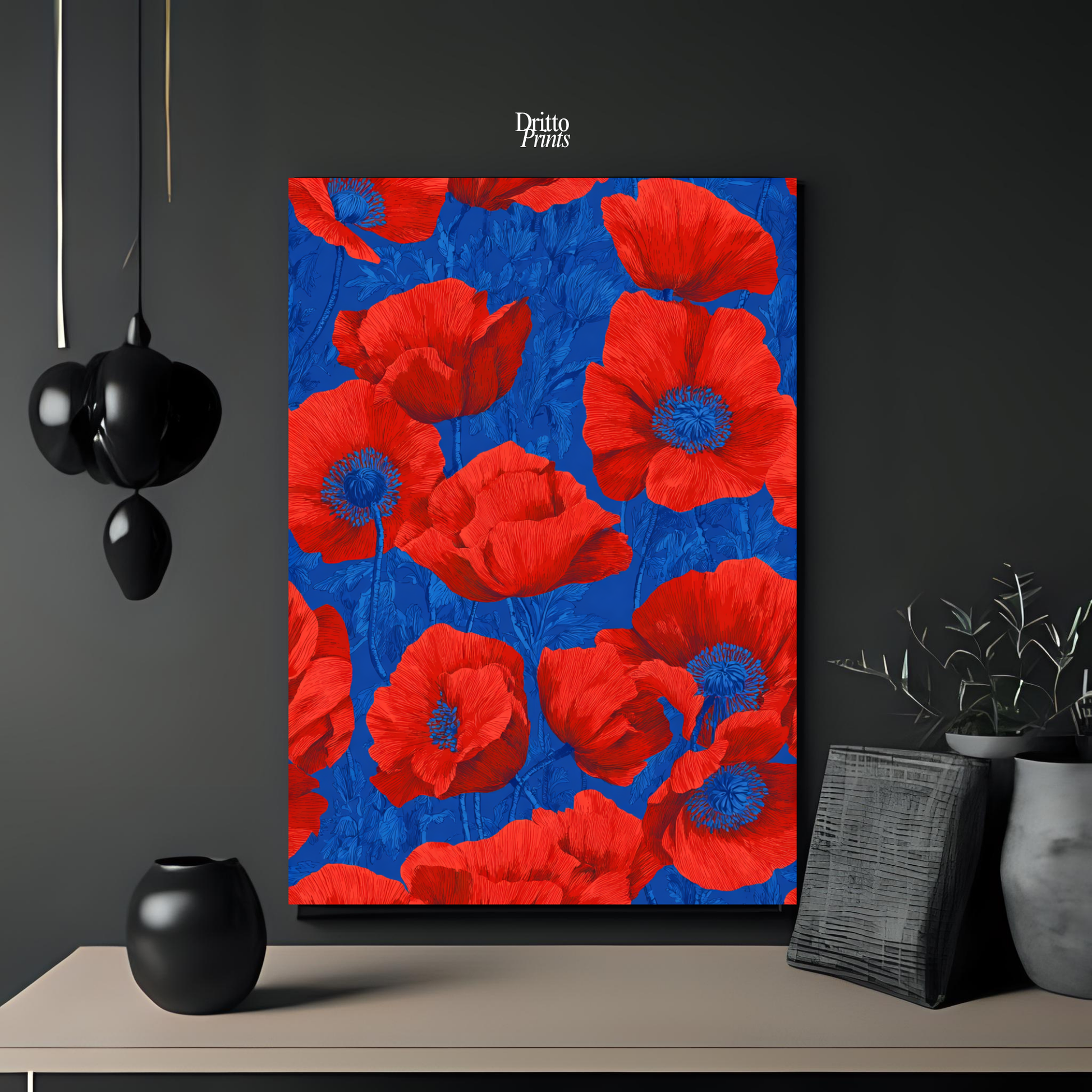 (CD9) Deco Bloom – Red Poppies on Blue Canvas