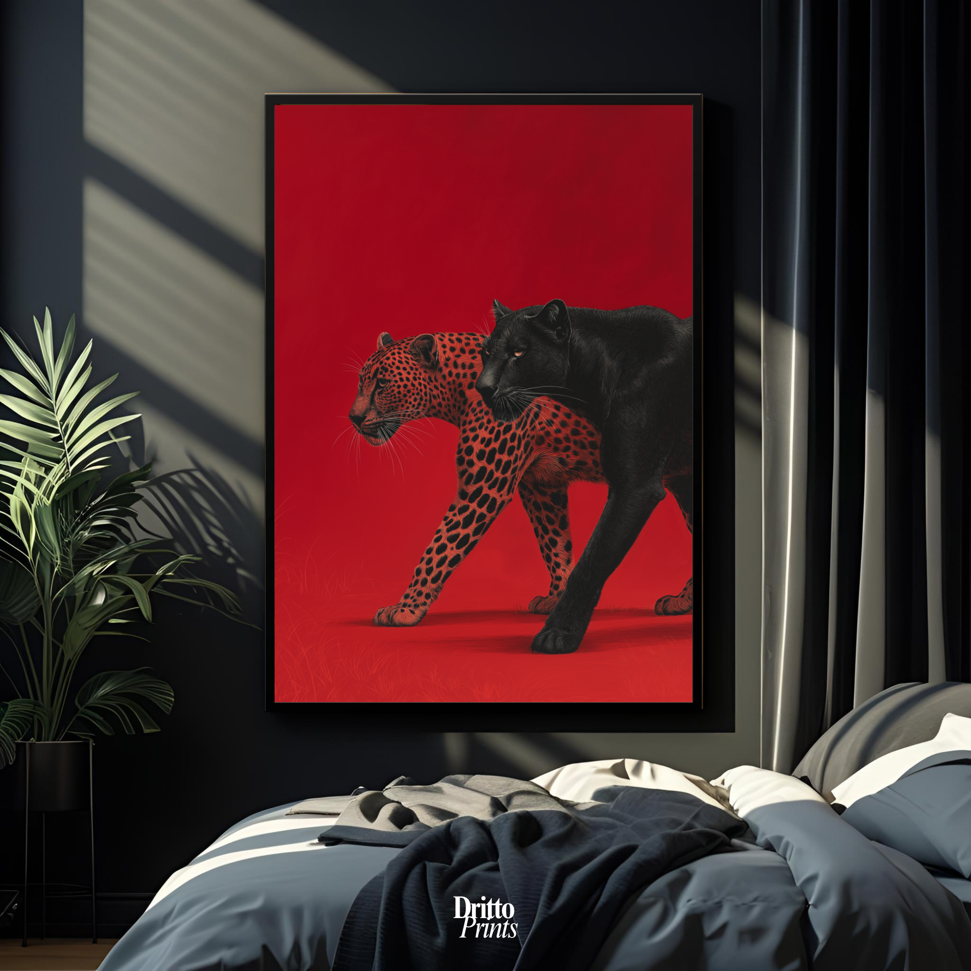 (FD32) Wild Pair – Black Panther & Cheetah Silhouette on Red Framed matte paper poster