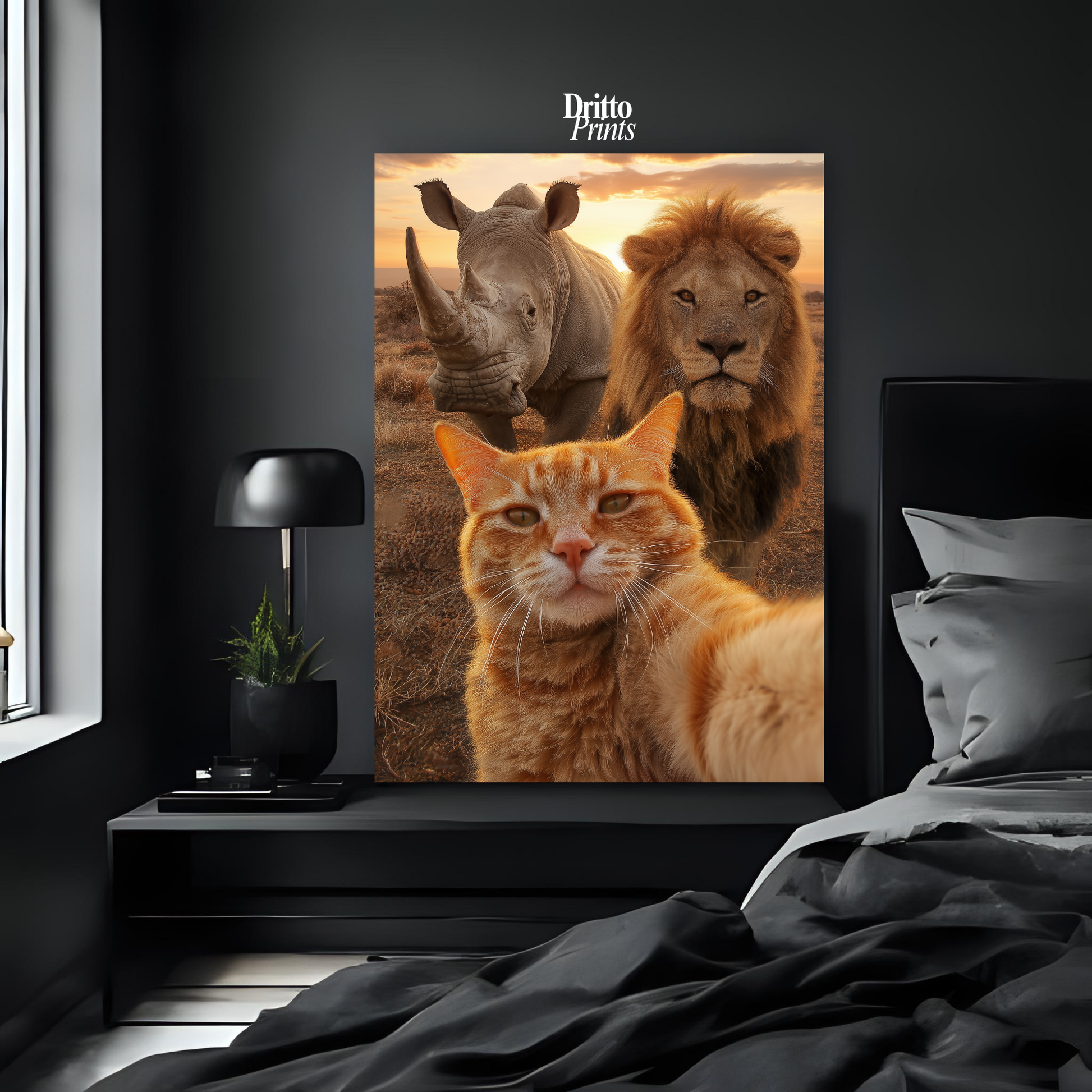 (PD26) Savannah Selfie: Tabby Cat, Lion & Rhino at Sunset Poster