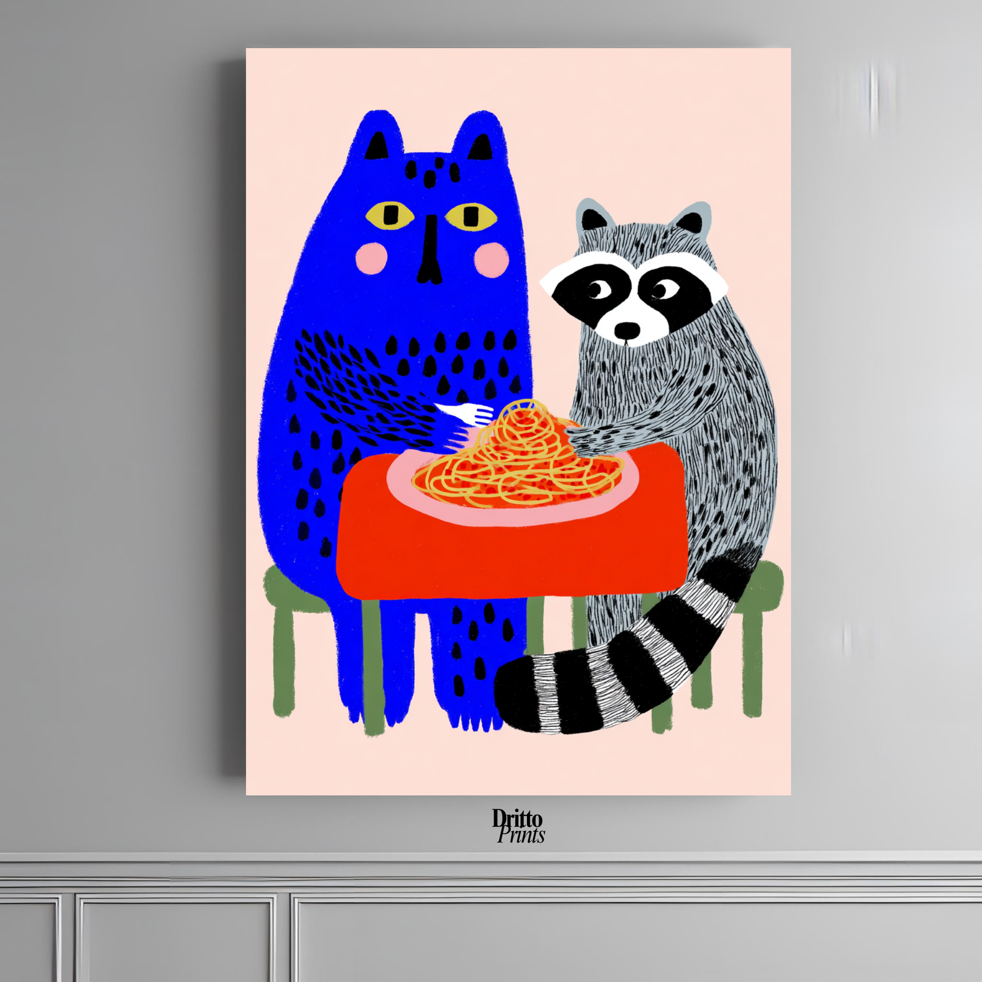 (PD44) Cat & Raccoon Dining Spaghetti - Poster