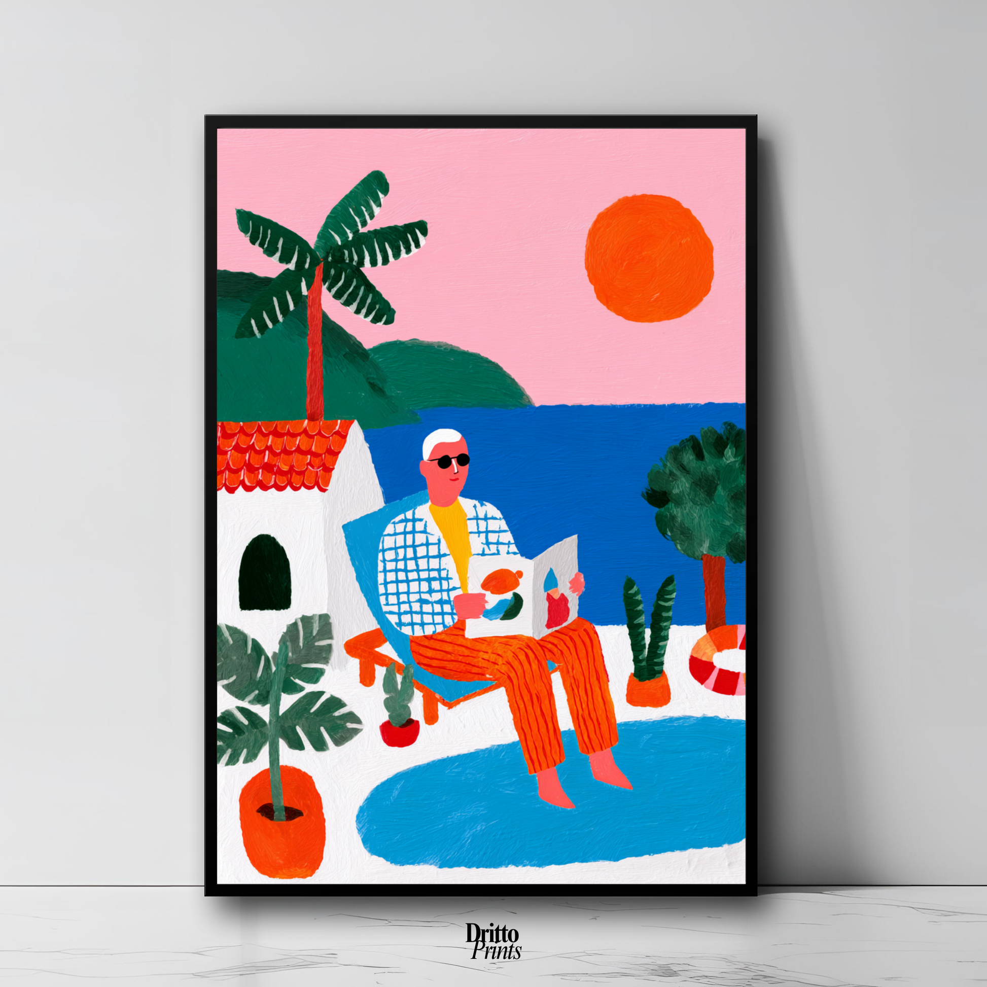 (FD37) Morning Glow by the Pool – 1980s Villa Scene Framed matte paper poster