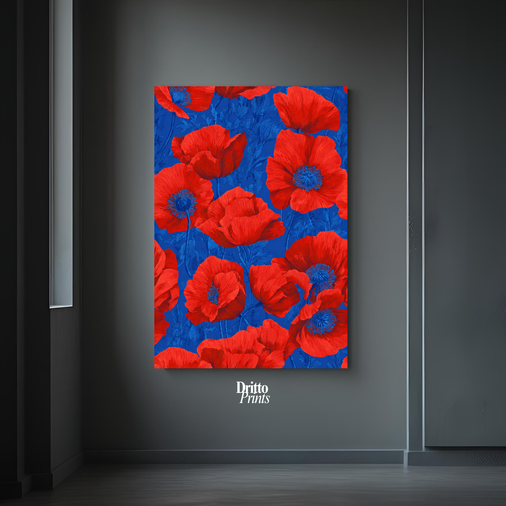 (CD9) Deco Bloom – Red Poppies on Blue Canvas