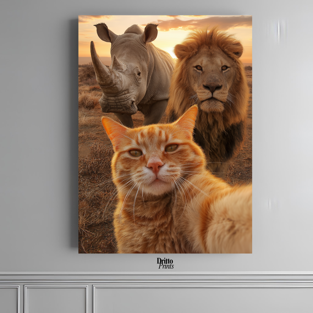 (PD26) Savannah Selfie: Tabby Cat, Lion & Rhino at Sunset Poster
