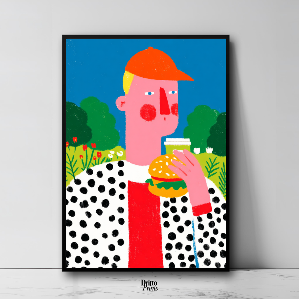 (FD45) Man Eating Burger in the Field –Framed matte paper poster
