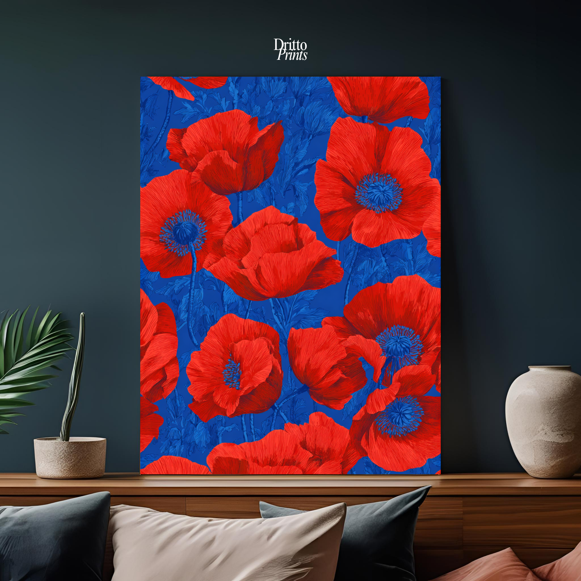 (CD9) Deco Bloom – Red Poppies on Blue Canvas
