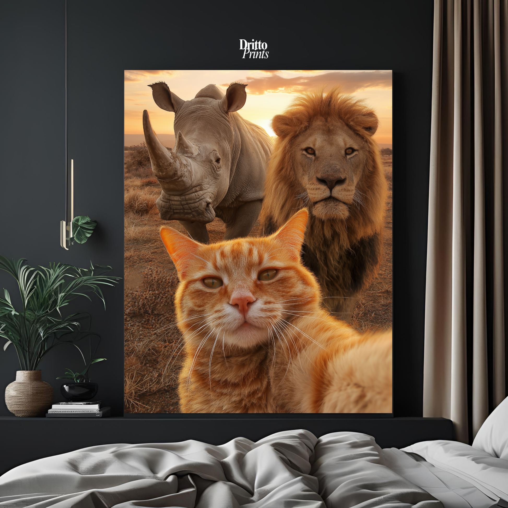 (PD26) Savannah Selfie: Tabby Cat, Lion & Rhino at Sunset Poster