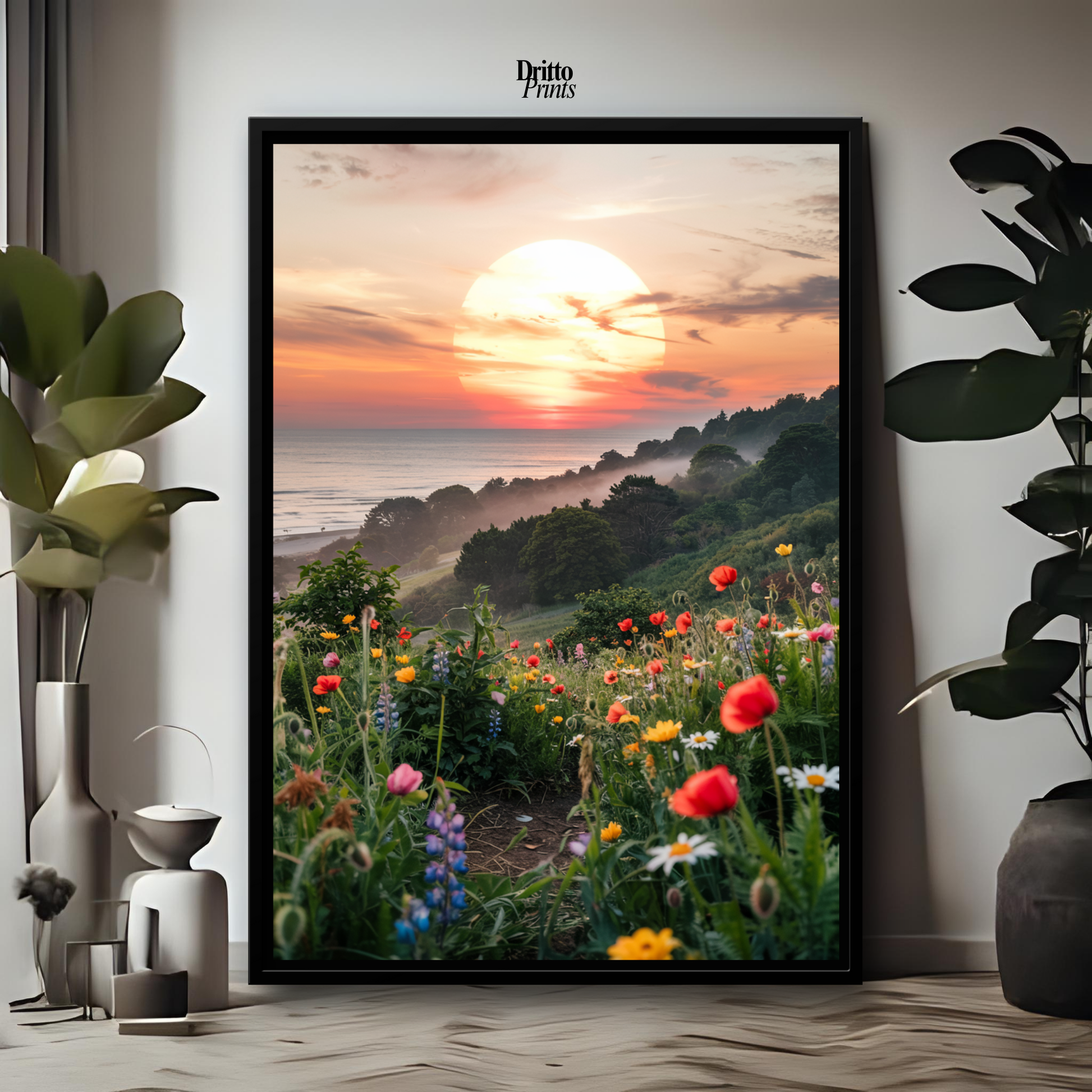 (CF5) Mystical Sunrise Over Hillside - Framed canvas