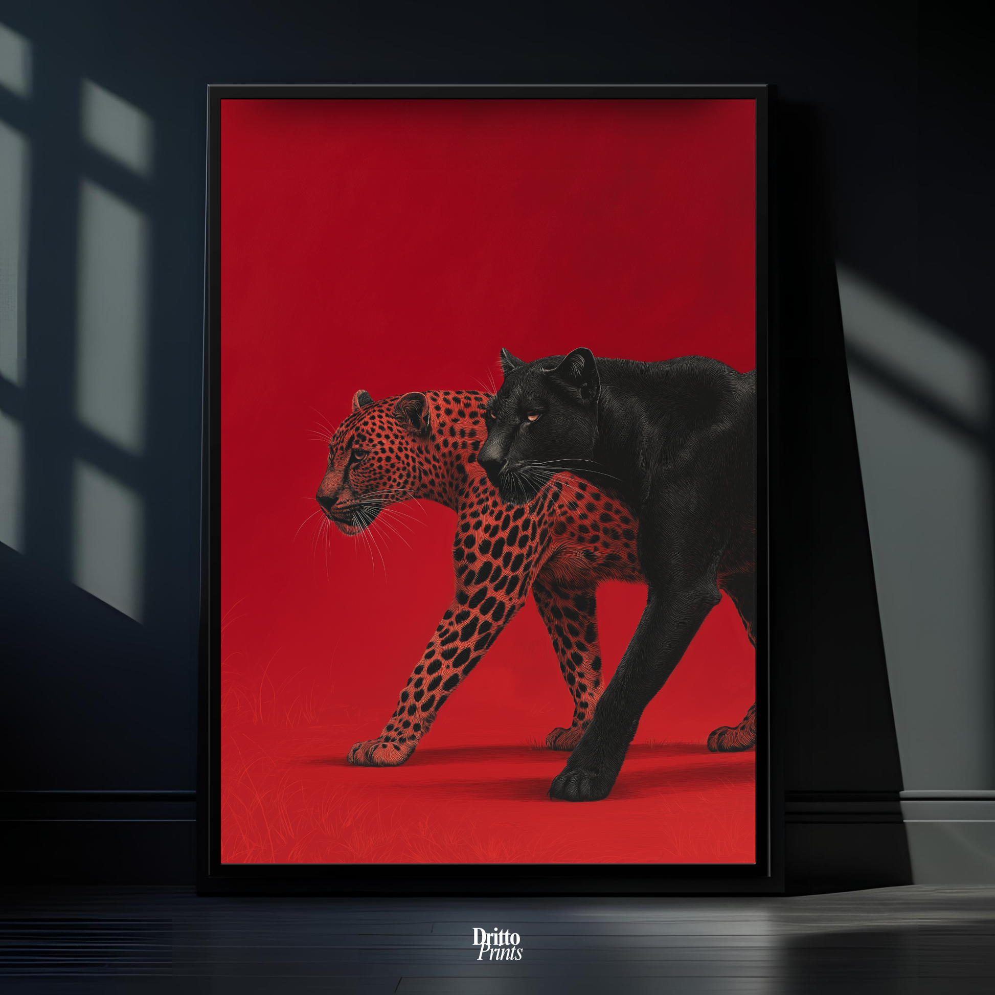 (FD32) Wild Pair – Black Panther & Cheetah Silhouette on Red Framed matte paper poster
