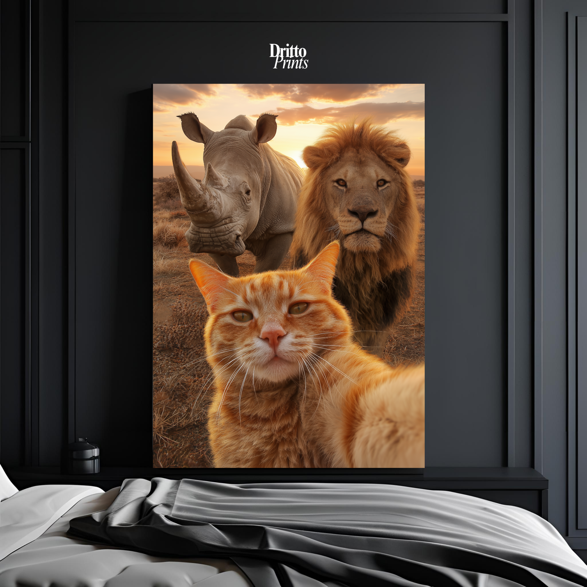 (PD26) Savannah Selfie: Tabby Cat, Lion & Rhino at Sunset Poster