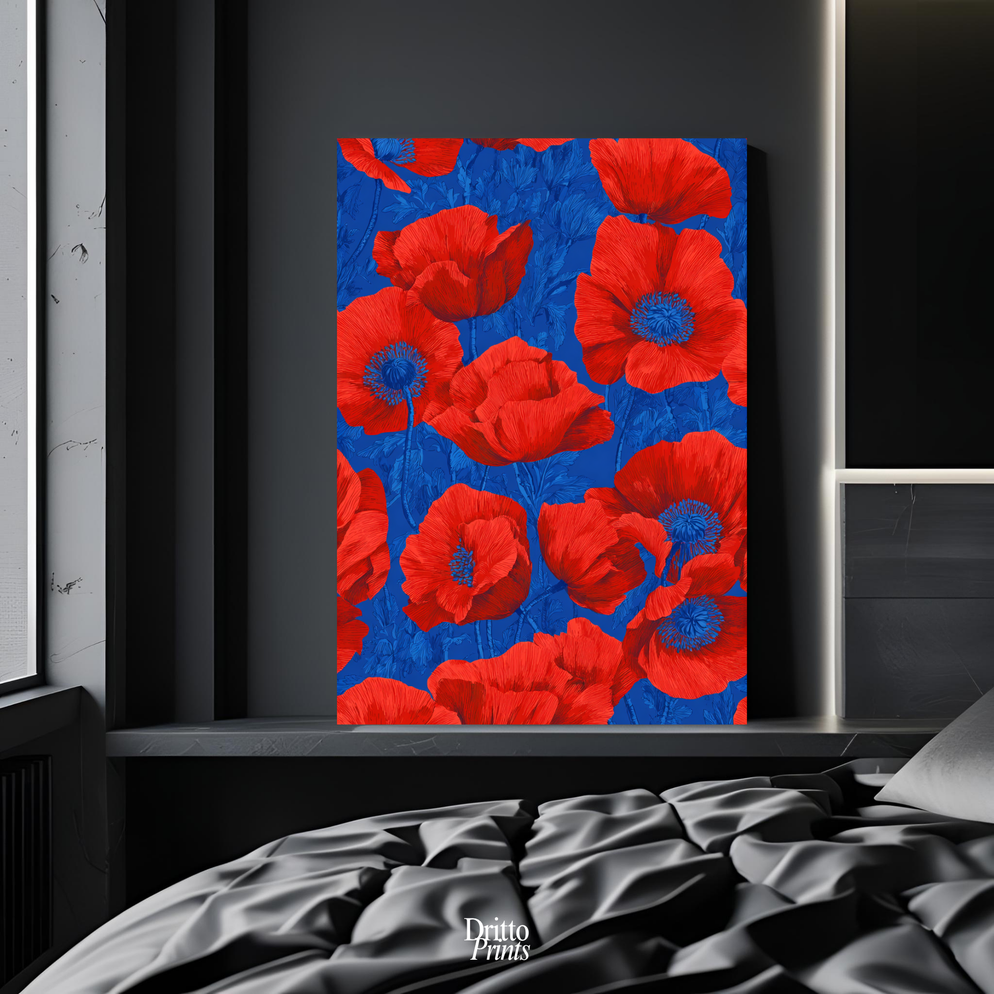 (CD9) Deco Bloom – Red Poppies on Blue Canvas