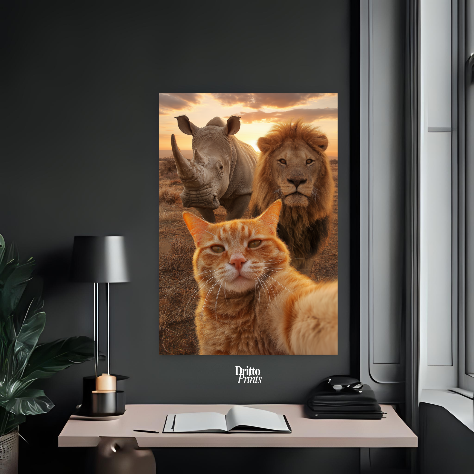 (PD26) Savannah Selfie: Tabby Cat, Lion & Rhino at Sunset Poster