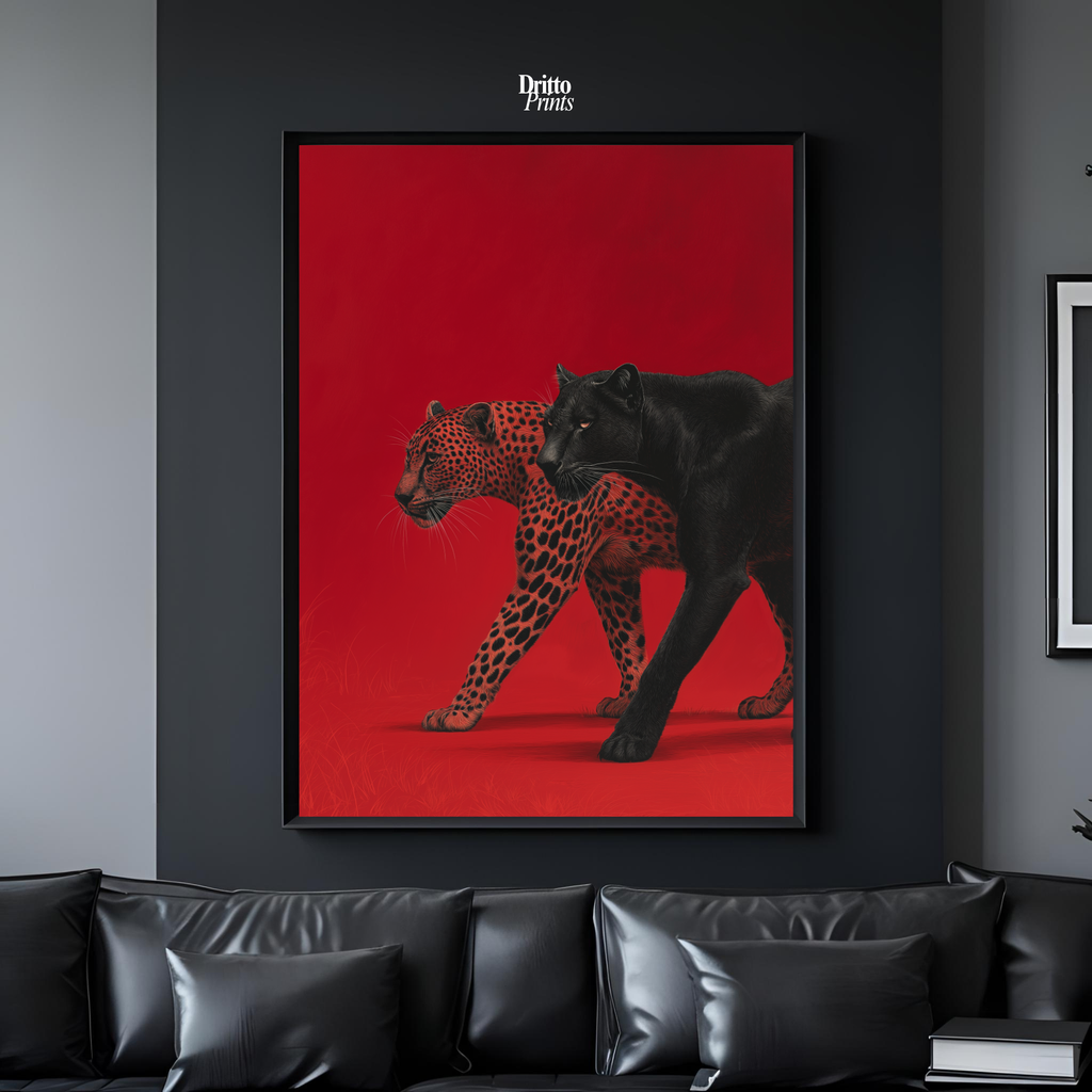 (FD32) Wild Pair – Black Panther & Cheetah Silhouette on Red Framed matte paper poster