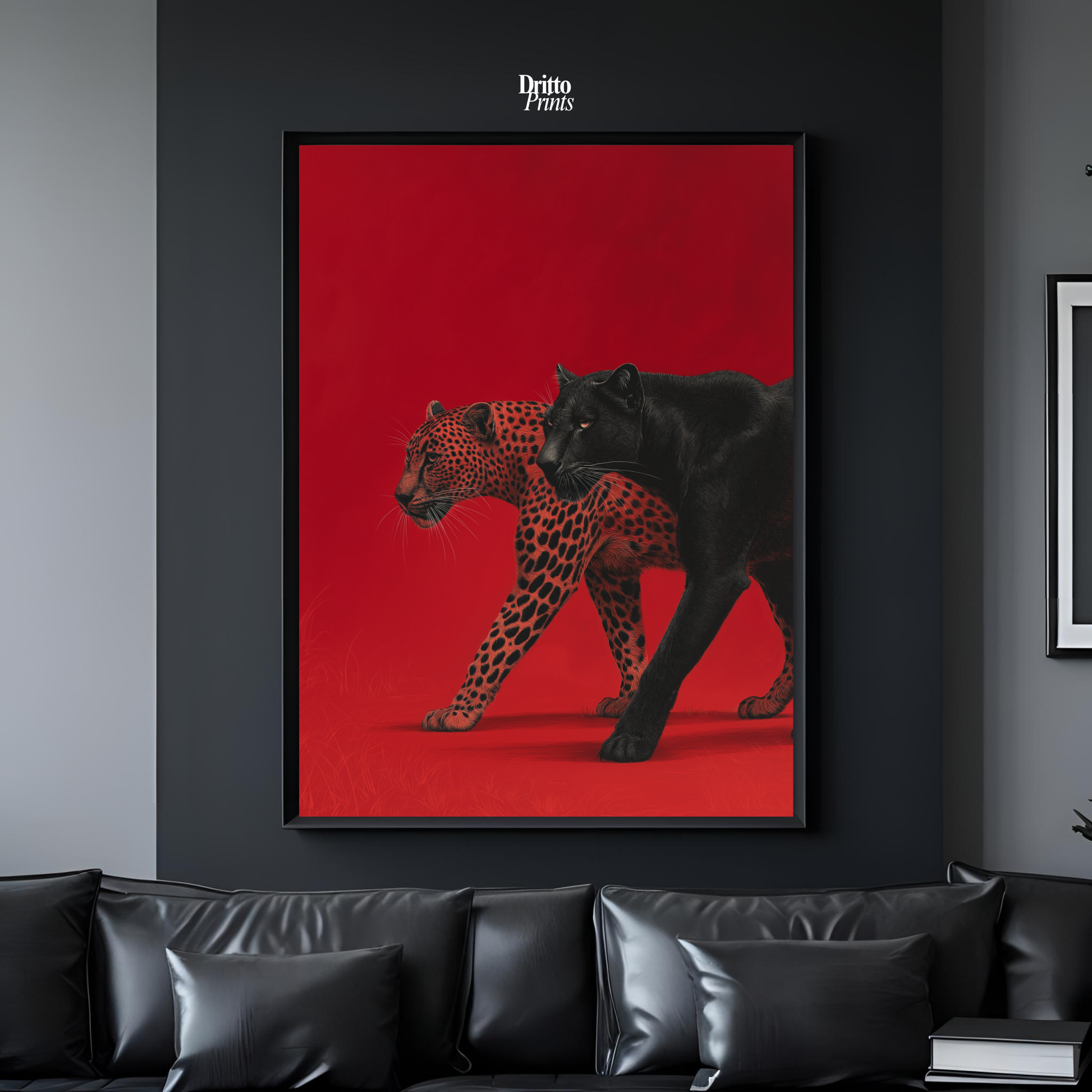 (FD32) Wild Pair – Black Panther & Cheetah Silhouette on Red Framed matte paper poster