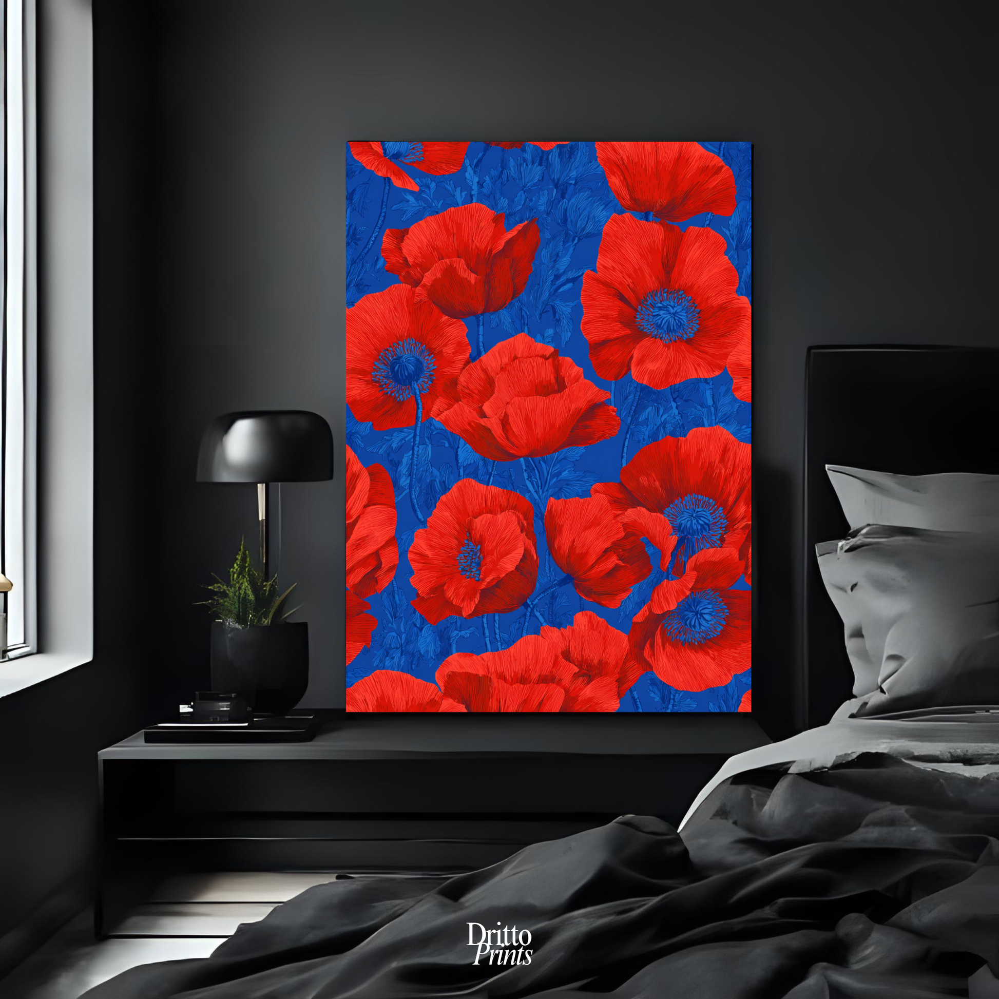 (CD9) Deco Bloom – Red Poppies on Blue Canvas
