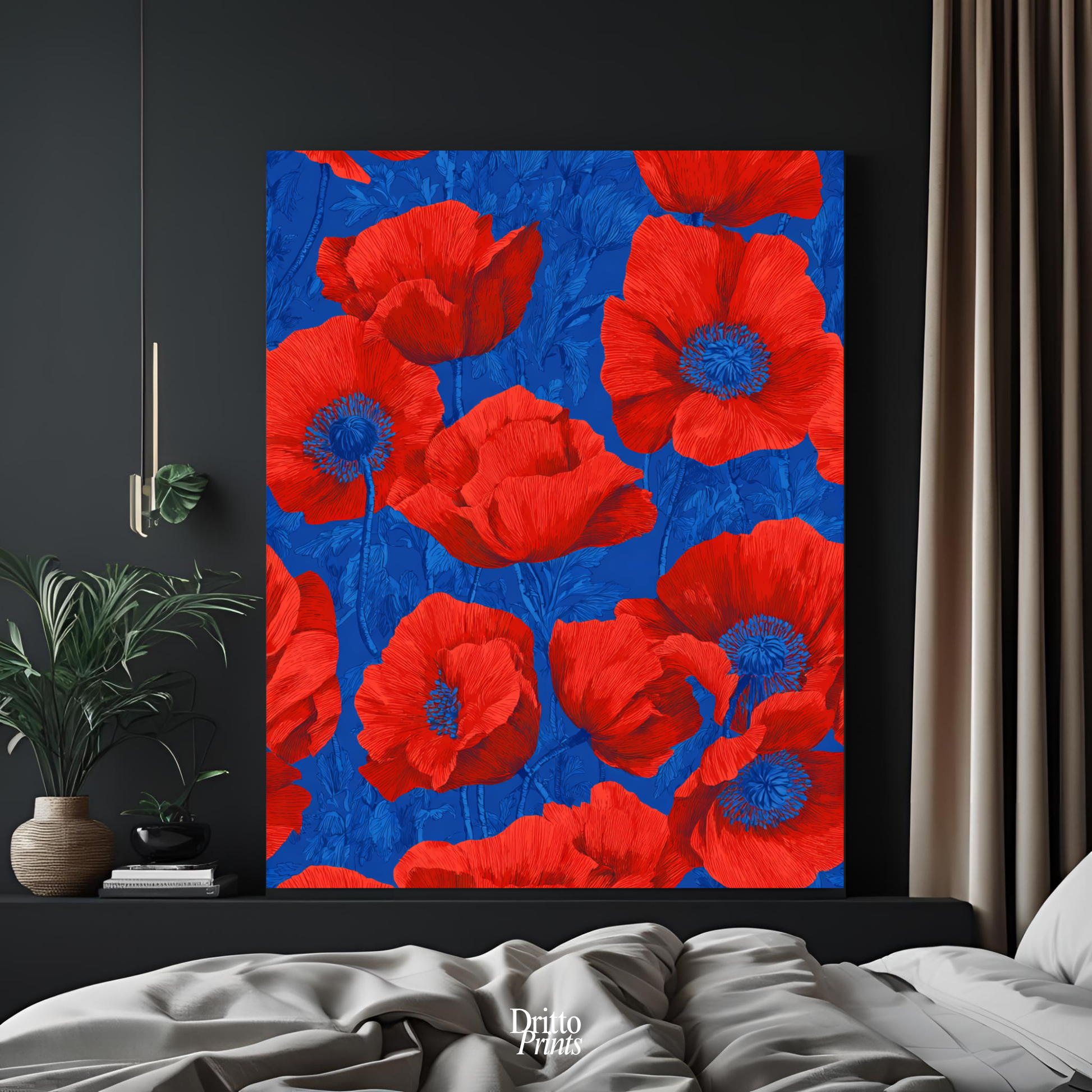 (CD9) Deco Bloom – Red Poppies on Blue Canvas