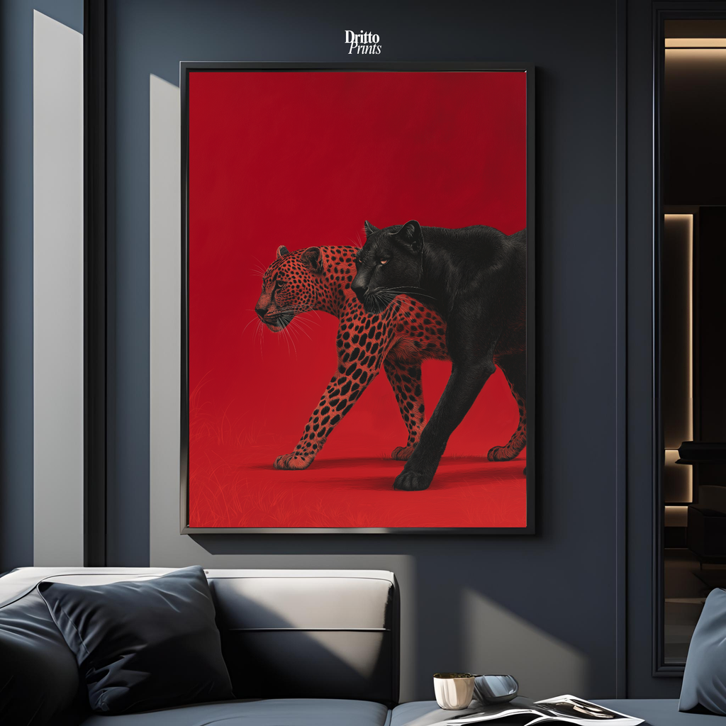 (FD32) Wild Pair – Black Panther & Cheetah Silhouette on Red Framed matte paper poster
