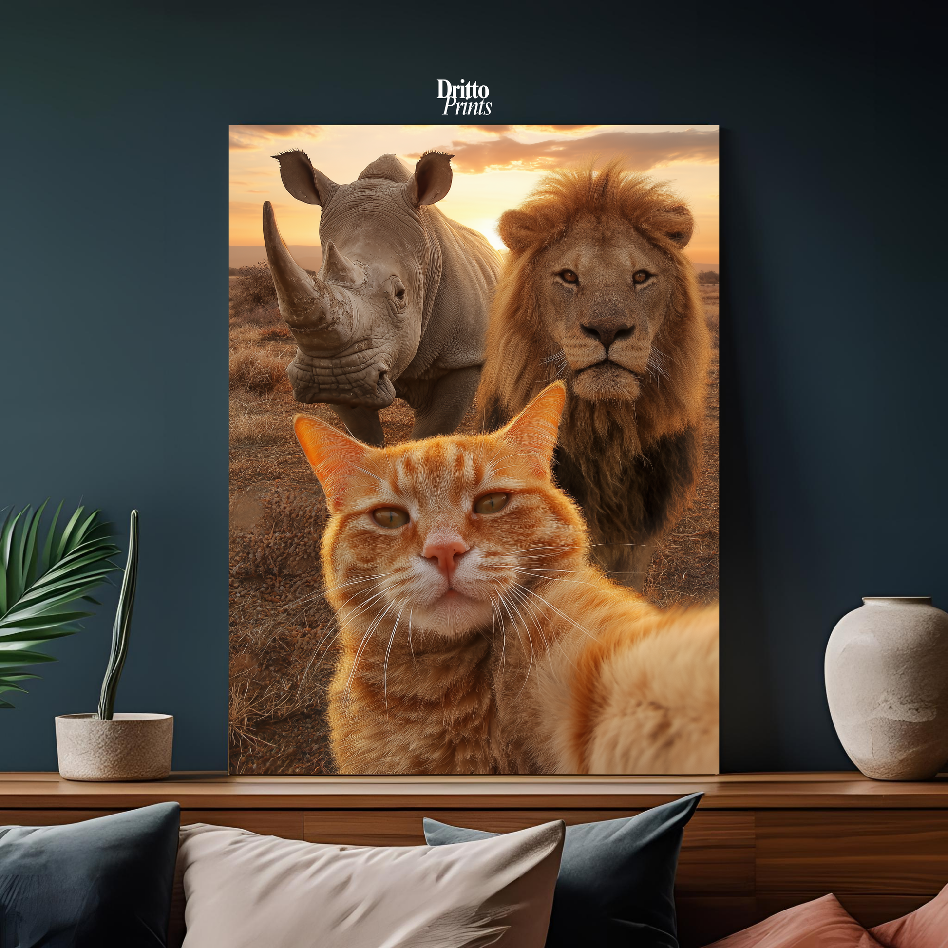 (PD26) Savannah Selfie: Tabby Cat, Lion & Rhino at Sunset Poster