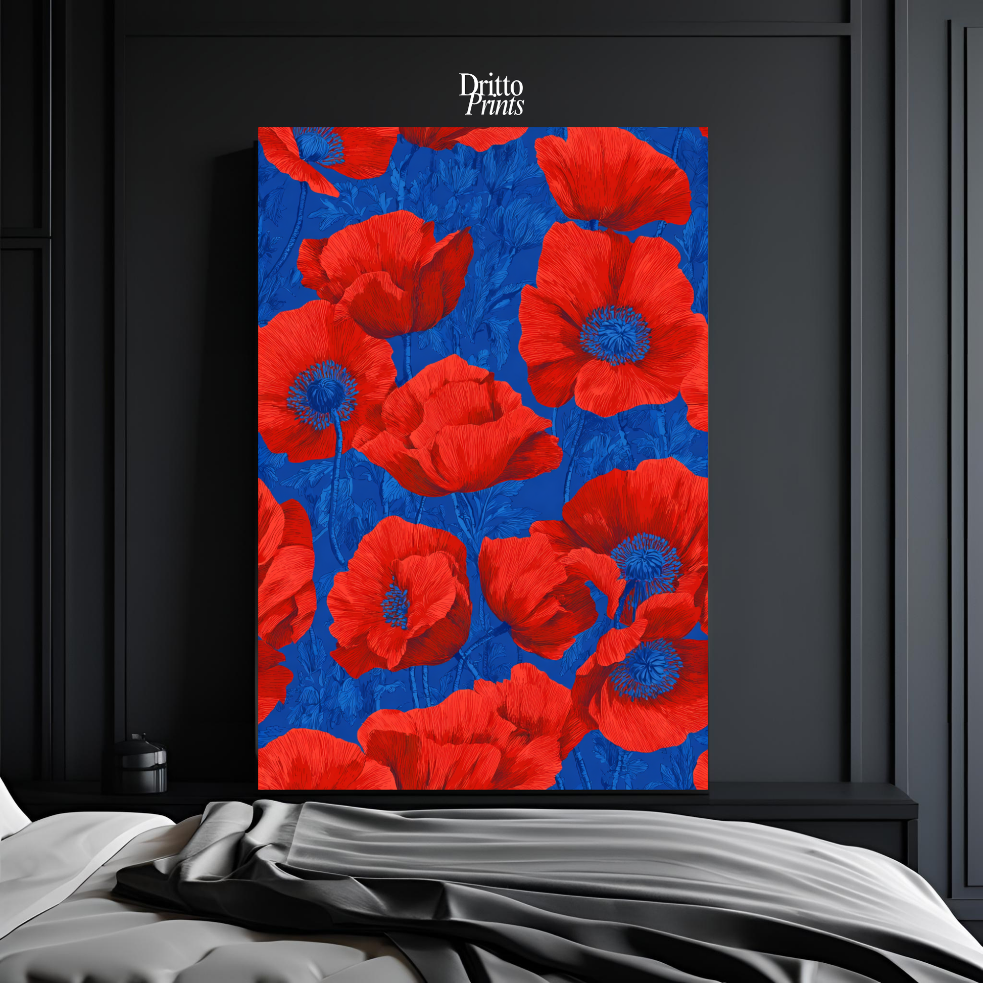 (CD9) Deco Bloom – Red Poppies on Blue Canvas