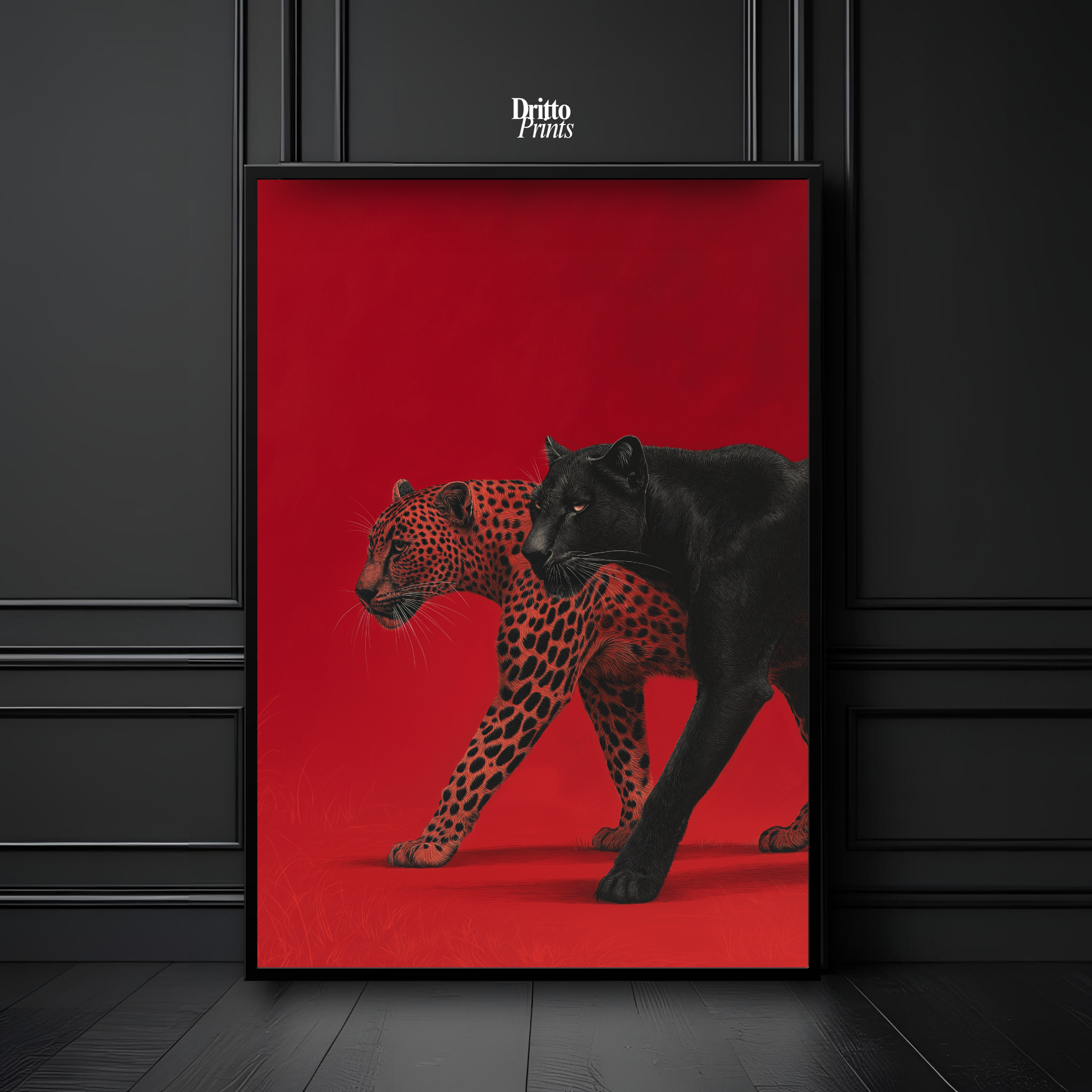 (FD32) Wild Pair – Black Panther & Cheetah Silhouette on Red Framed matte paper poster