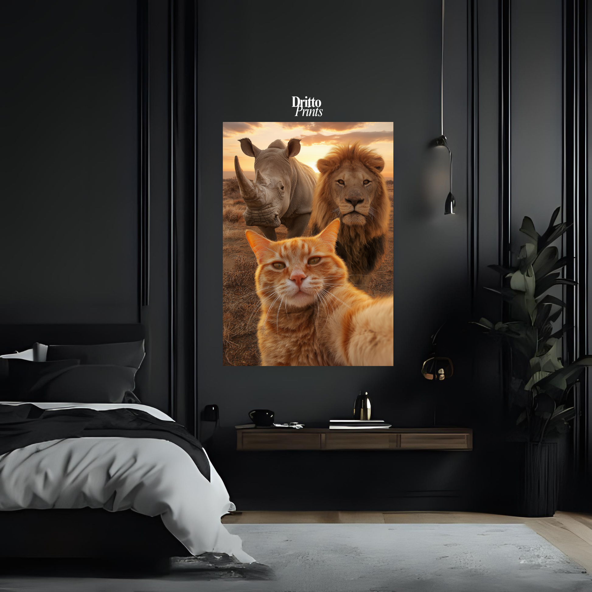 (PD26) Savannah Selfie: Tabby Cat, Lion & Rhino at Sunset Poster