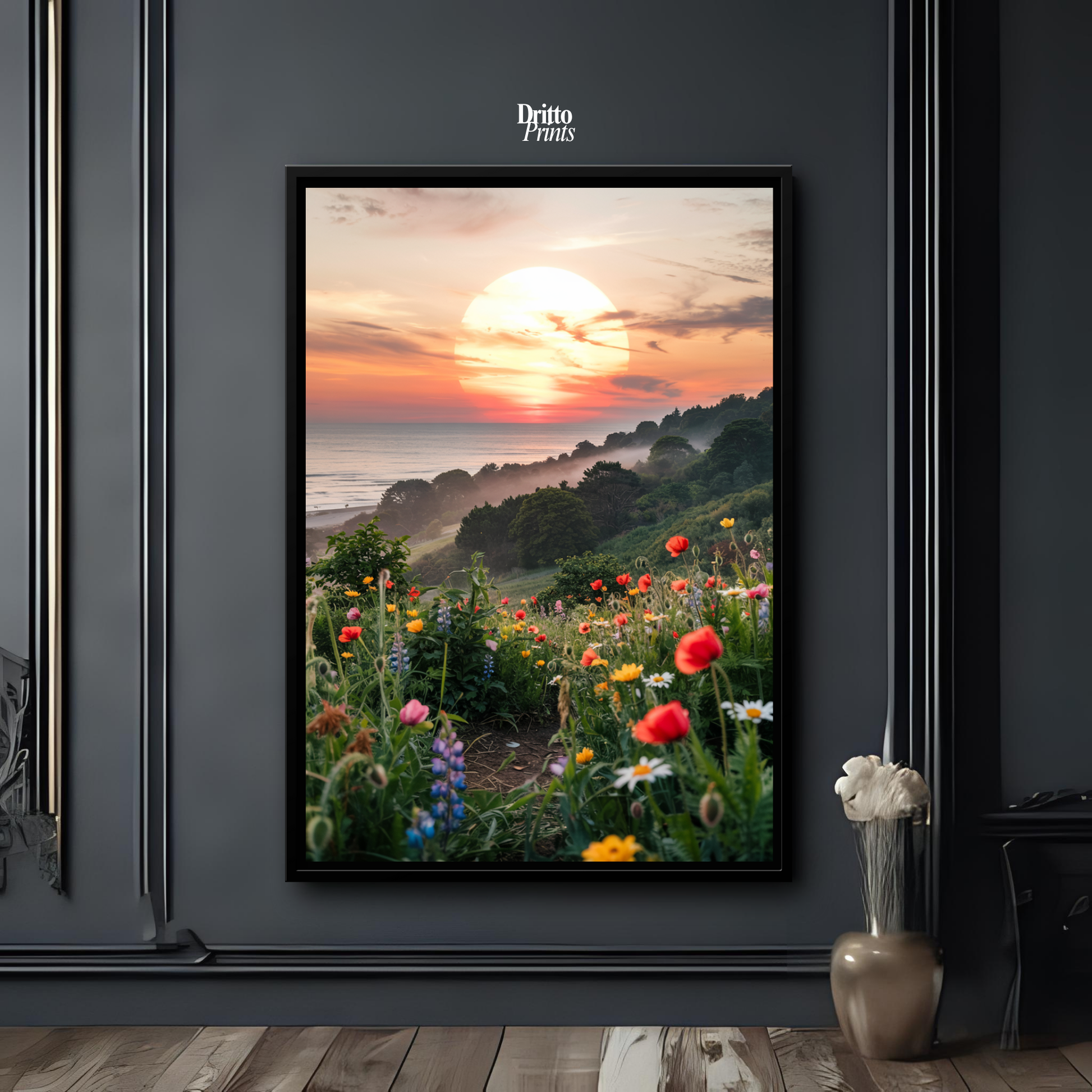 (CF5) Mystical Sunrise Over Hillside - Framed canvas