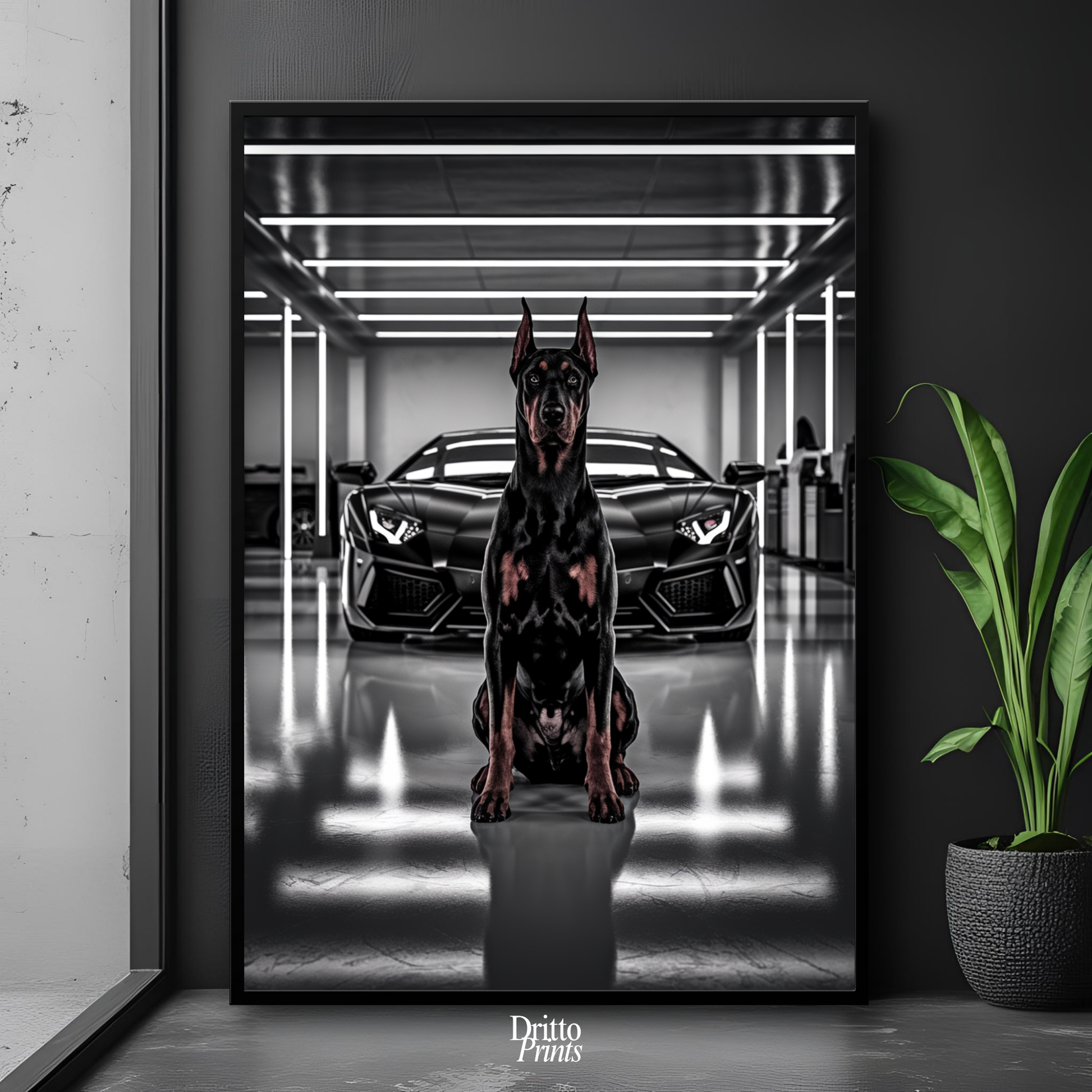 (FD6) The Garage King – Doberman and Aventador - Framed matte paper poster