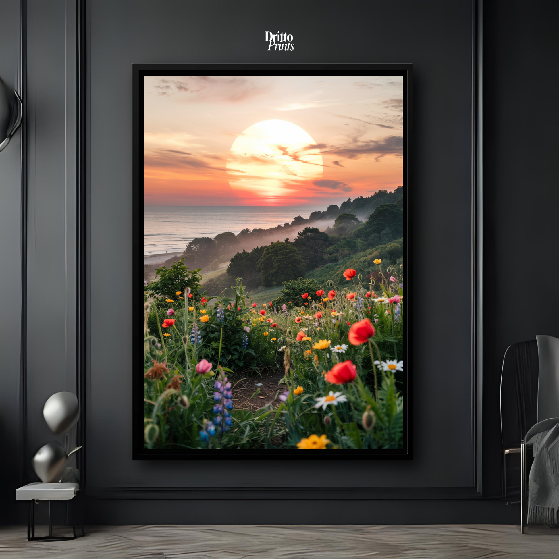 (CF5) Mystical Sunrise Over Hillside - Framed canvas