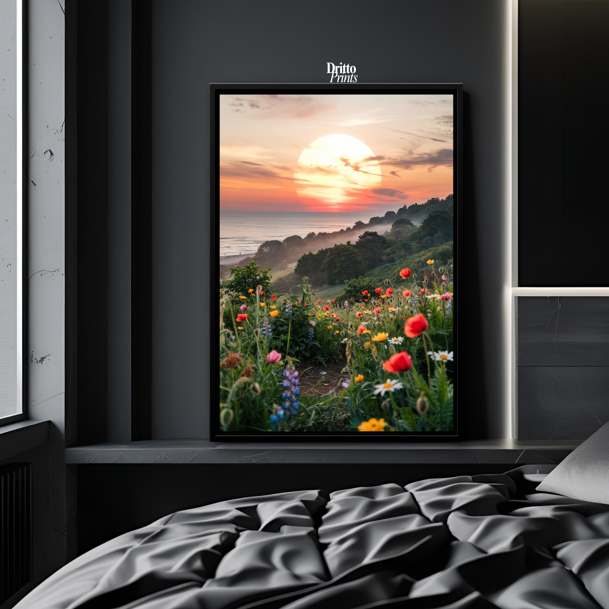 (CF5) Mystical Sunrise Over Hillside - Framed canvas