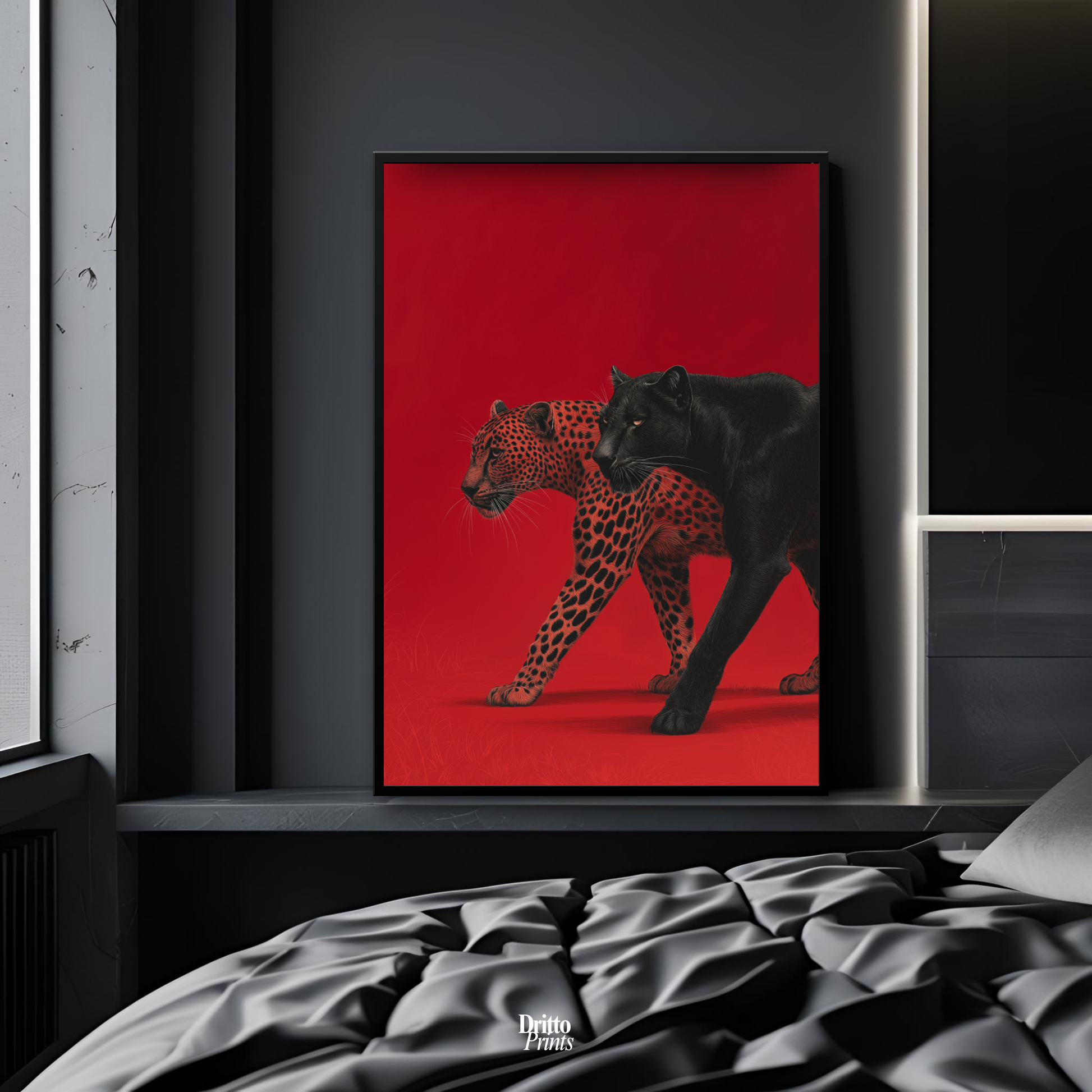 (FD32) Wild Pair – Black Panther & Cheetah Silhouette on Red Framed matte paper poster