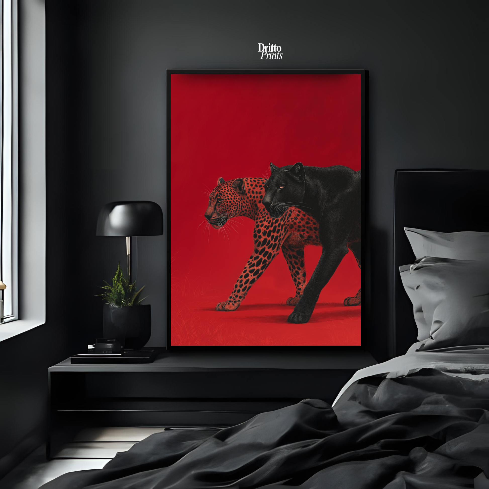 (FD32) Wild Pair – Black Panther & Cheetah Silhouette on Red Framed matte paper poster