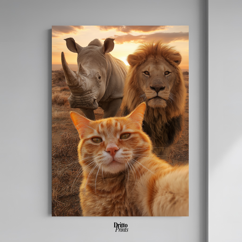 (PD26) Savannah Selfie: Tabby Cat, Lion & Rhino at Sunset Poster