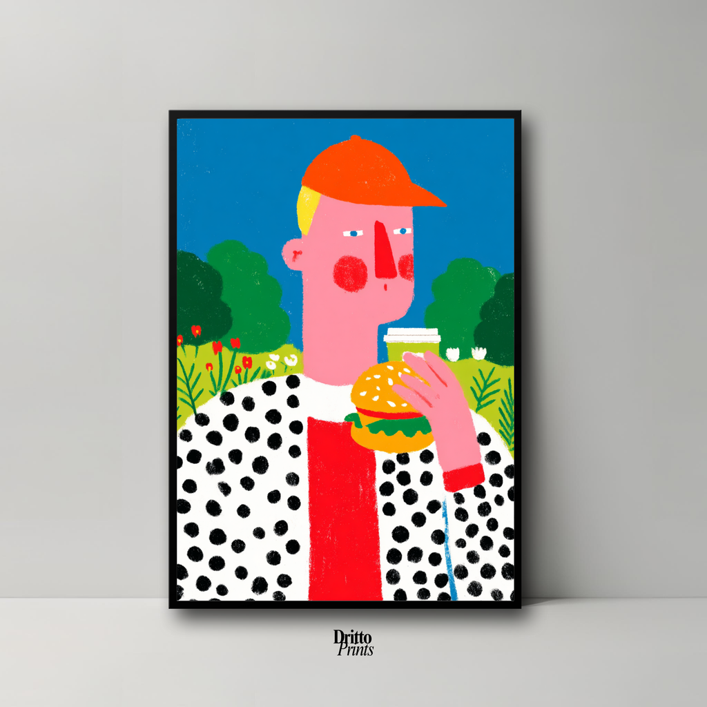 (FD45) Man Eating Burger in the Field –Framed matte paper poster