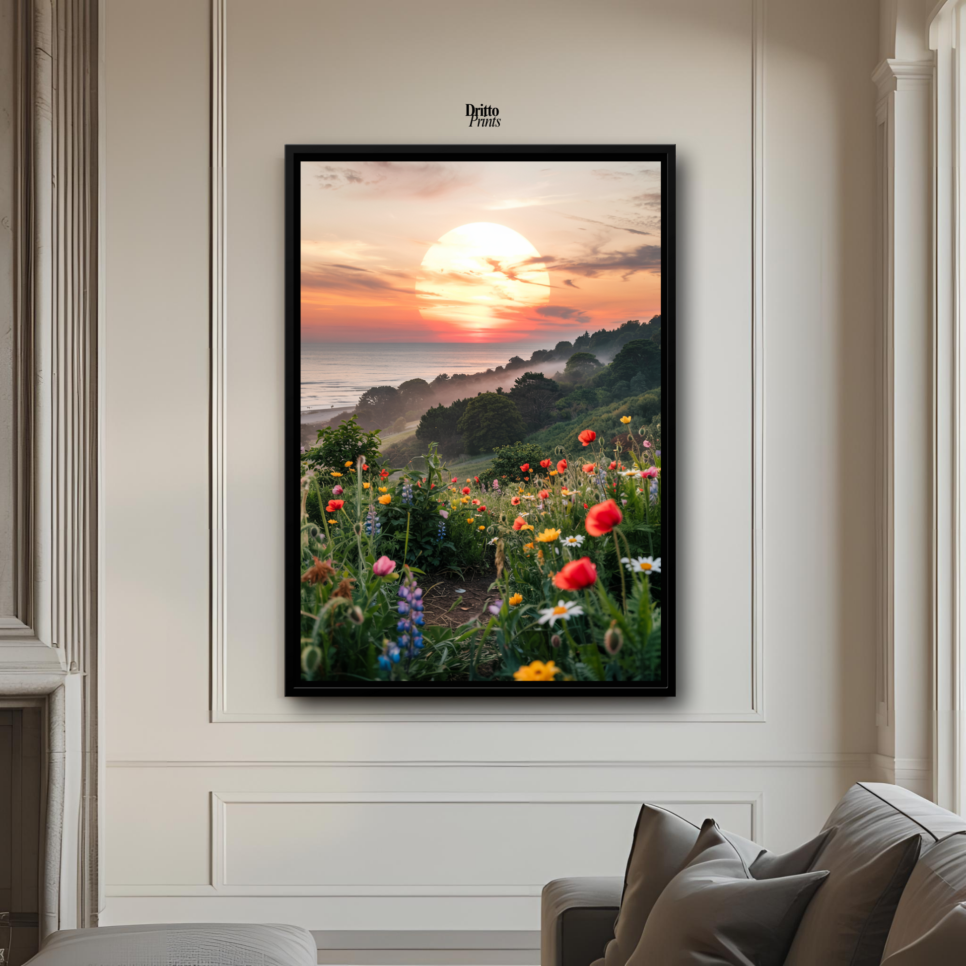 (CF5) Mystical Sunrise Over Hillside - Framed canvas