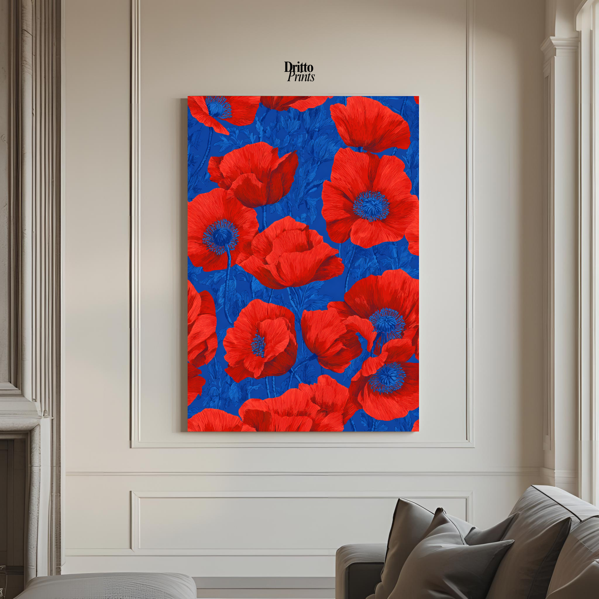 (CD9) Deco Bloom – Red Poppies on Blue Canvas