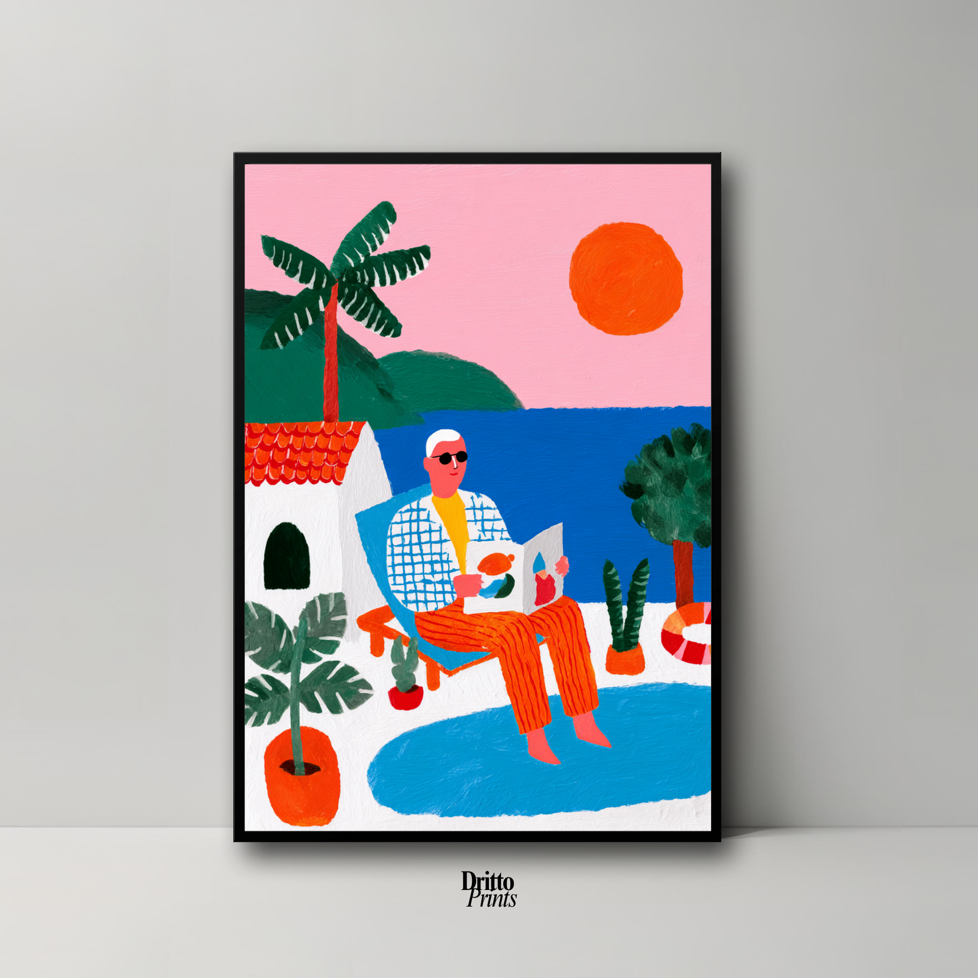(FD37) Morning Glow by the Pool – 1980s Villa Scene Framed matte paper poster