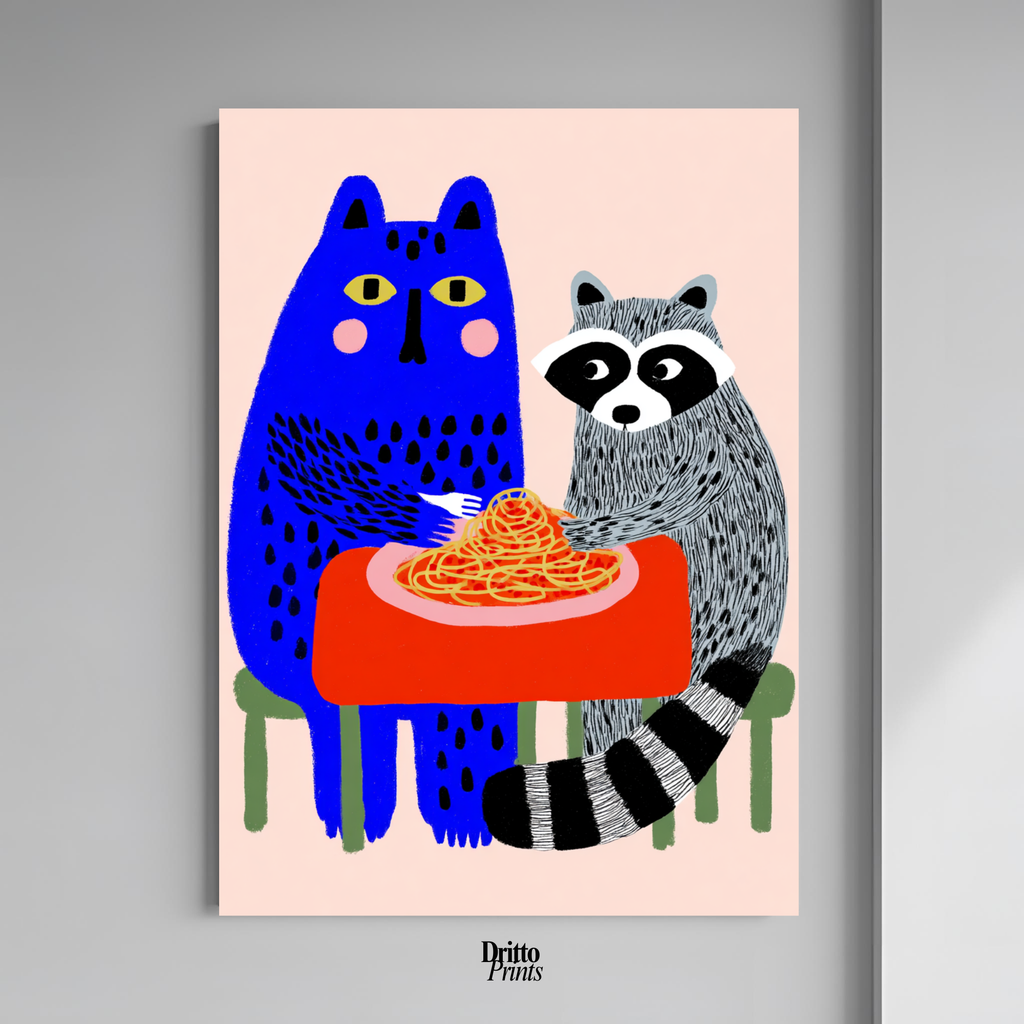 (PD44) Cat & Raccoon Dining Spaghetti - Poster