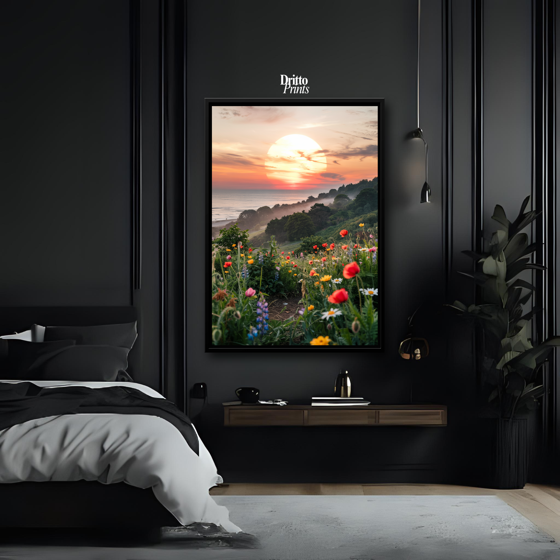 (CF5) Mystical Sunrise Over Hillside - Framed canvas