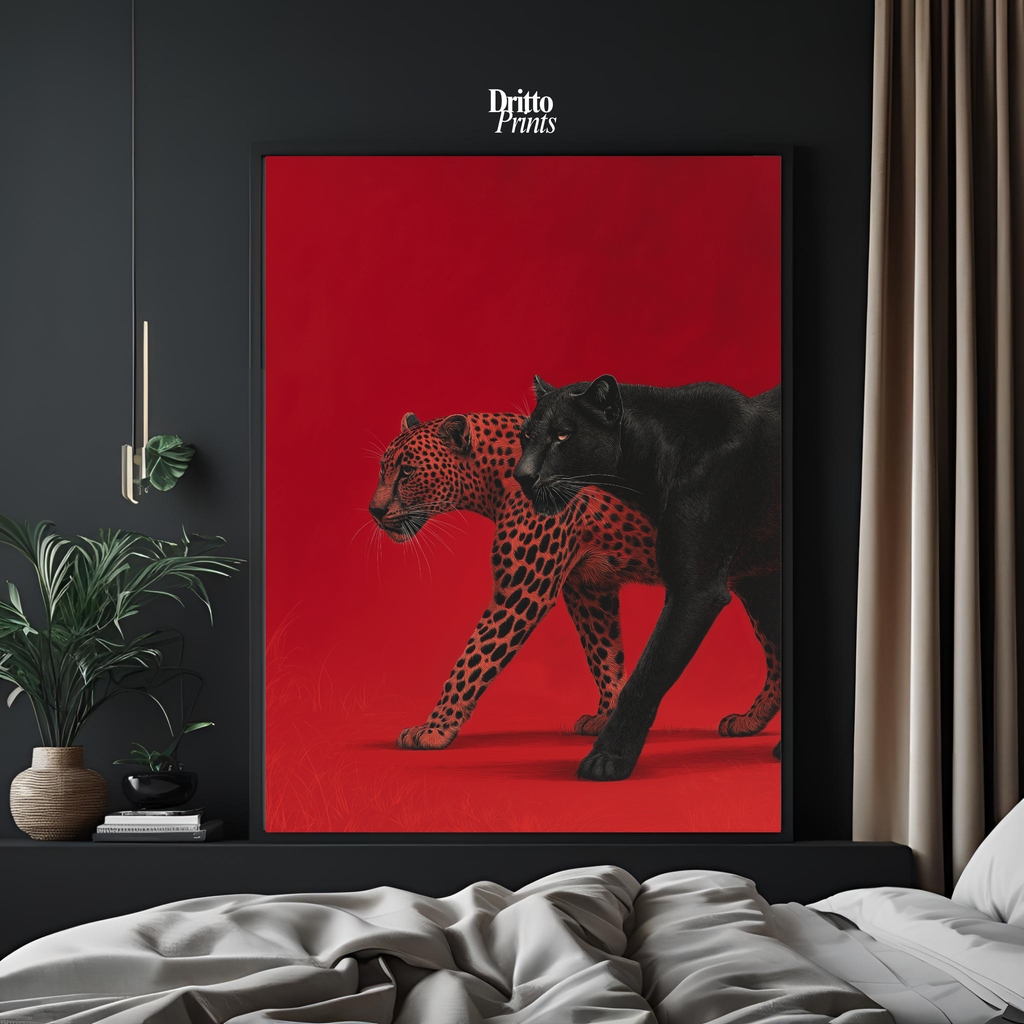 (FD32) Wild Pair – Black Panther & Cheetah Silhouette on Red Framed matte paper poster