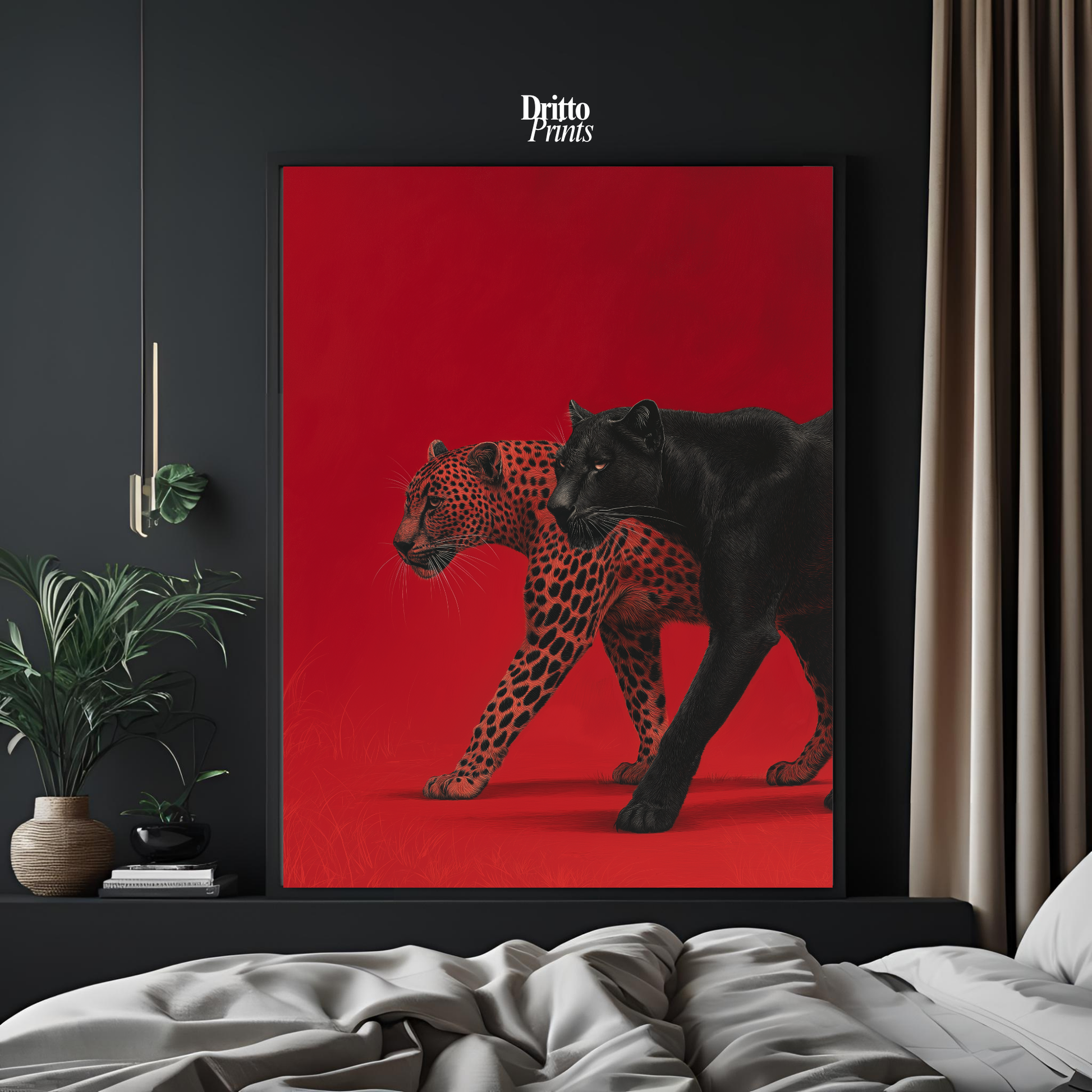(FD32) Wild Pair – Black Panther & Cheetah Silhouette on Red Framed matte paper poster