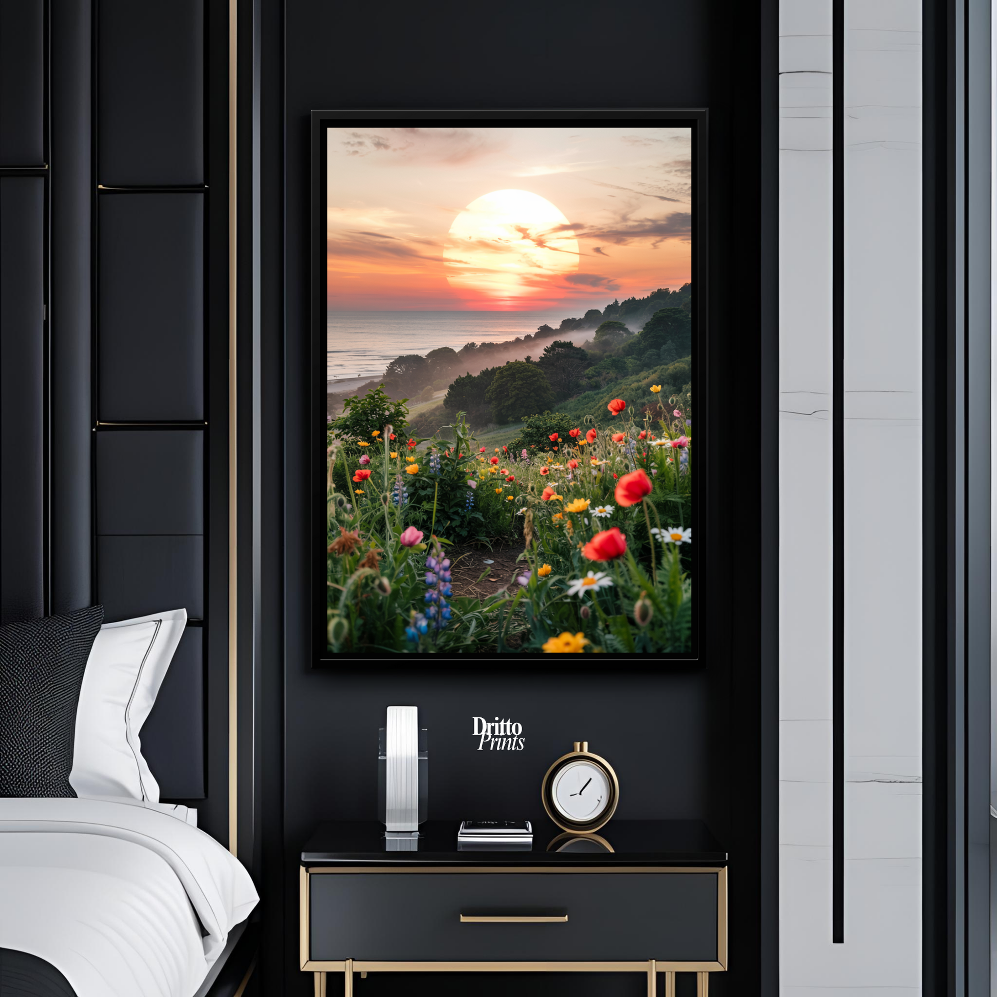 (CF5) Mystical Sunrise Over Hillside - Framed canvas