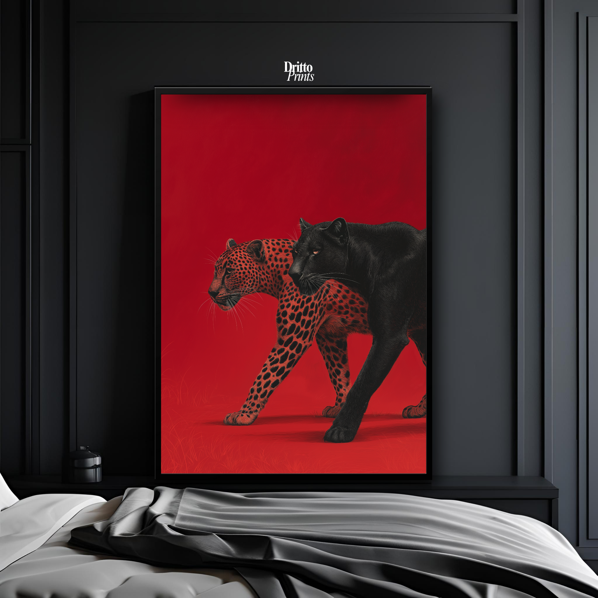 (FD32) Wild Pair – Black Panther & Cheetah Silhouette on Red Framed matte paper poster