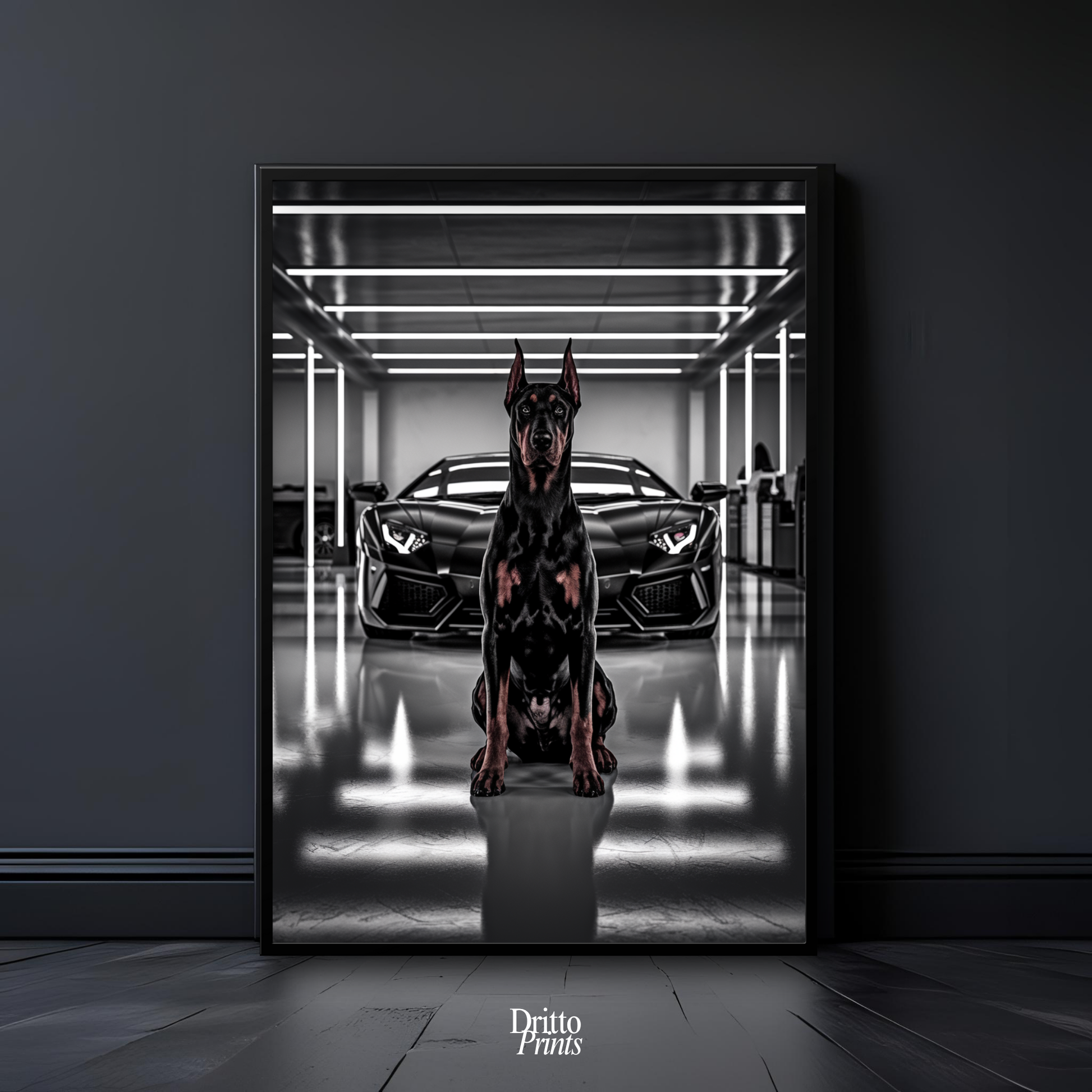 (FD6) The Garage King – Doberman and Aventador - Framed matte paper poster