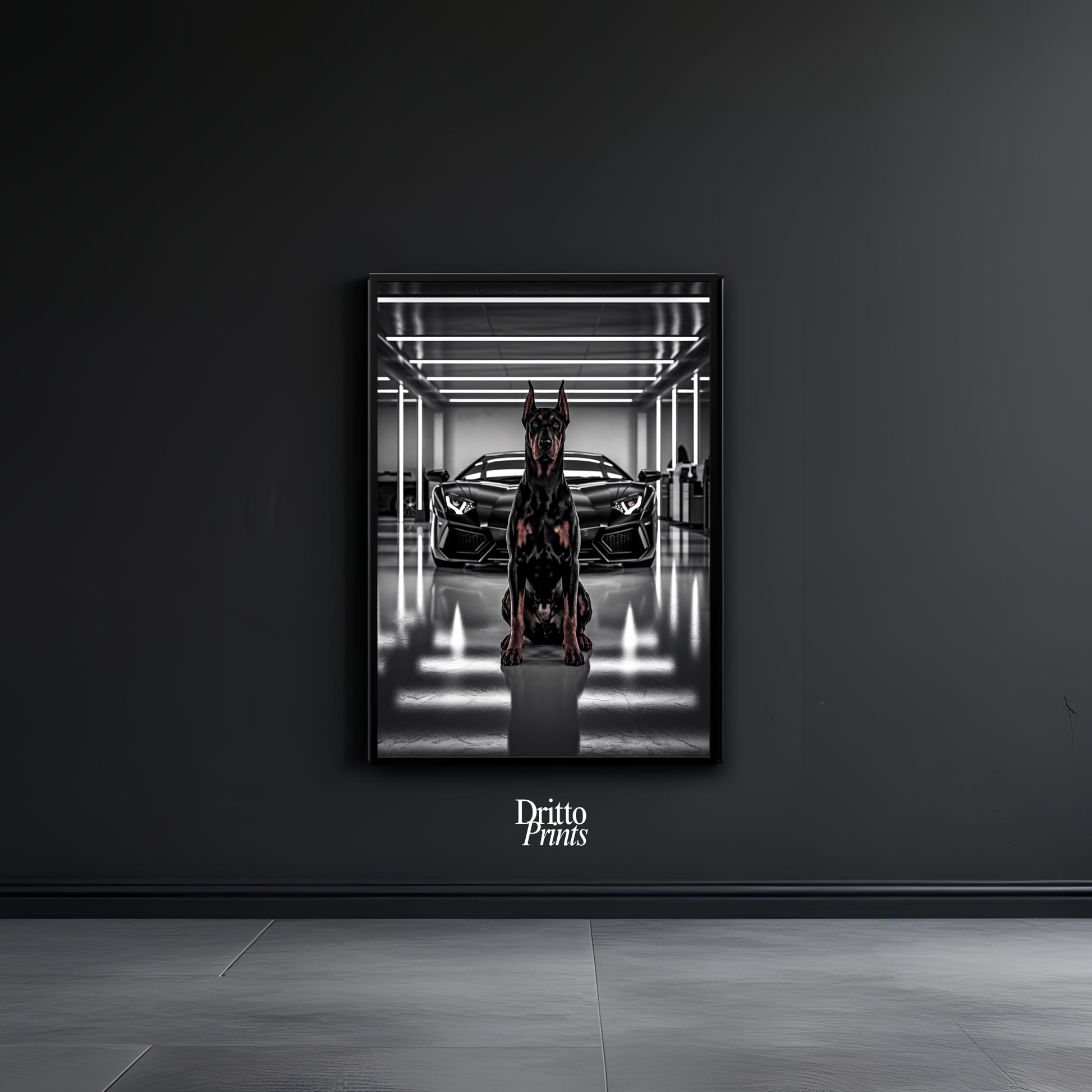(FD6) The Garage King – Doberman and Aventador - Framed matte paper poster